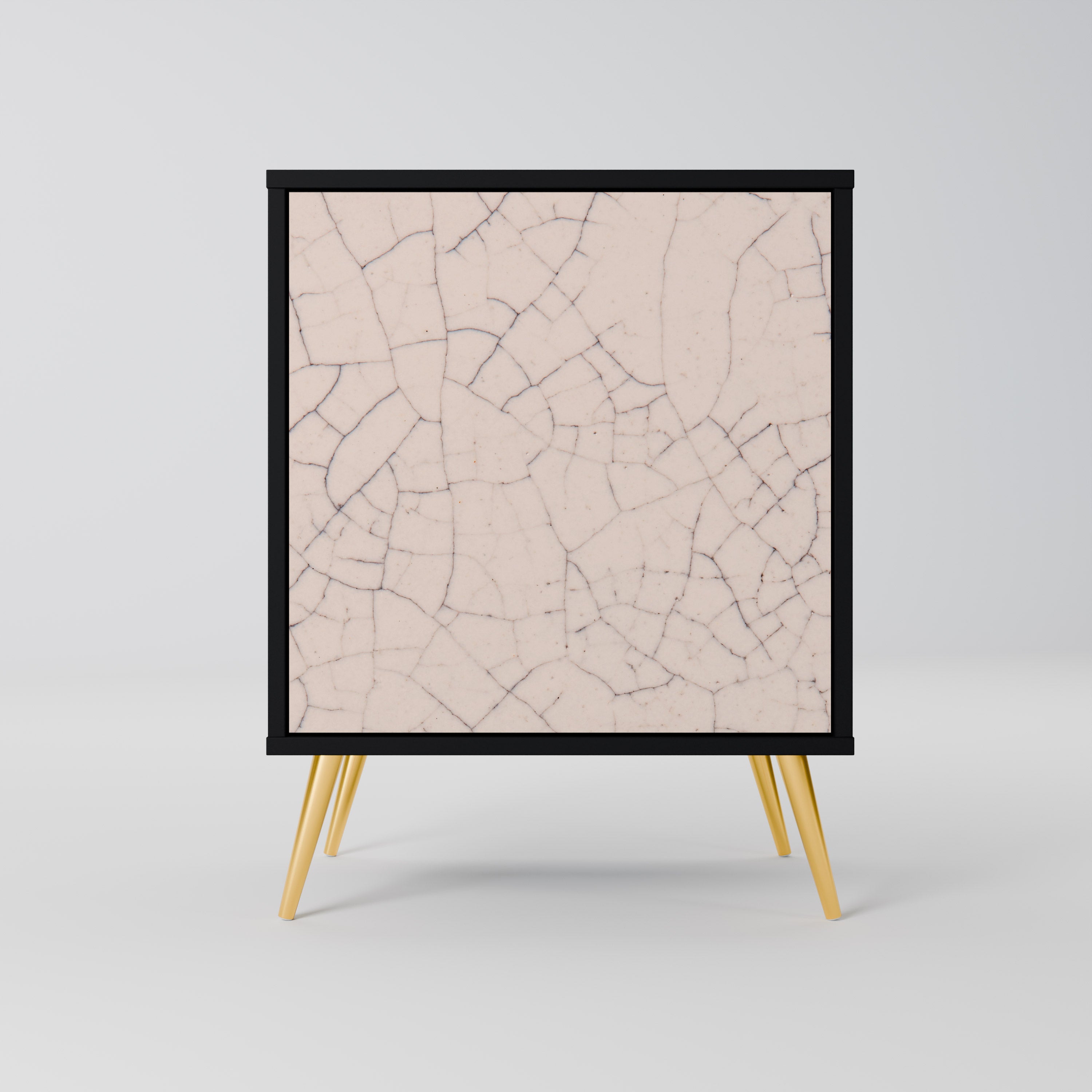 Aparador de 1 puerta con textura cerámica y acabado negro.