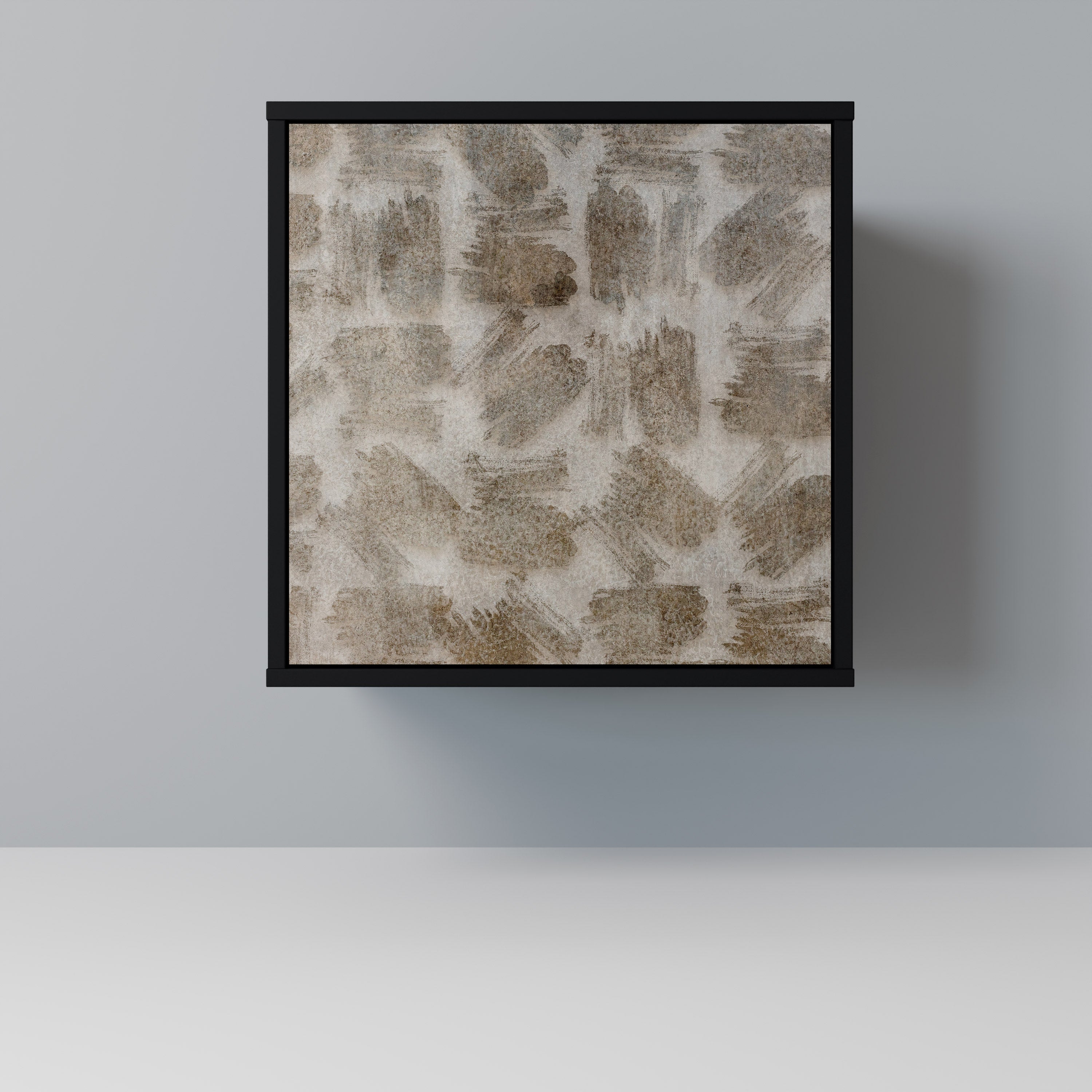 Aparador de una puerta con acabado negro, ligeramente borroso.