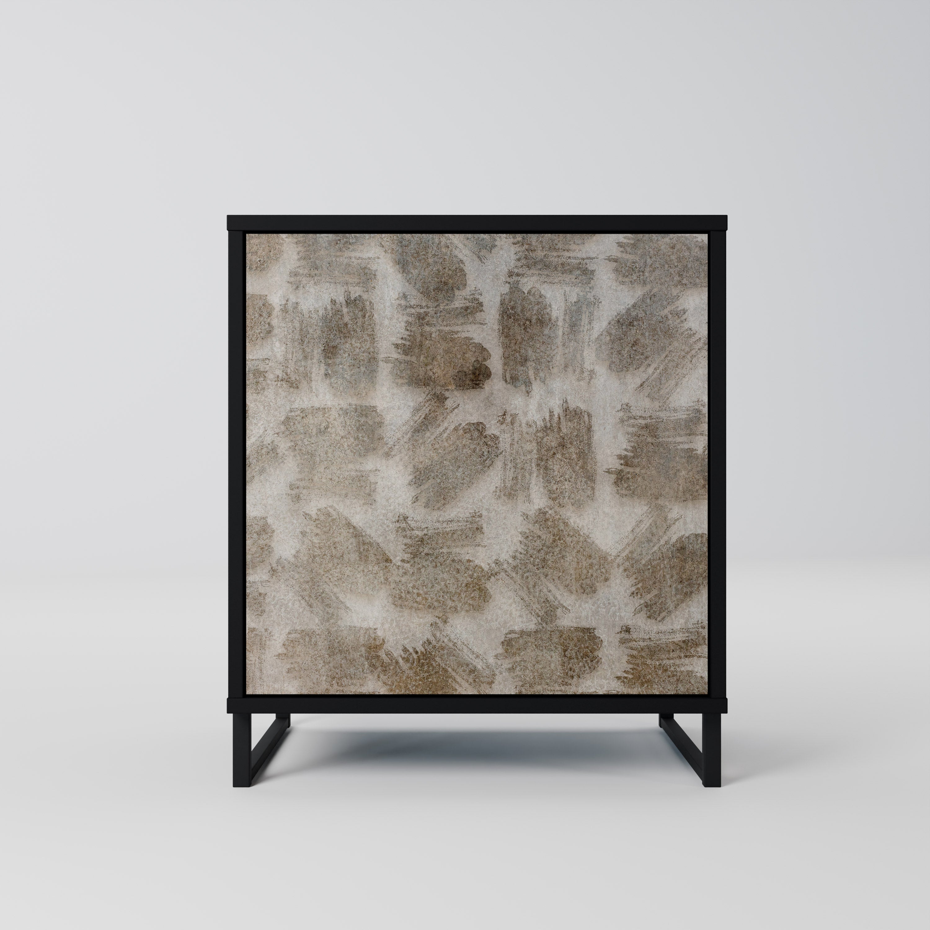 Aparador de una puerta con acabado negro, ligeramente borroso.