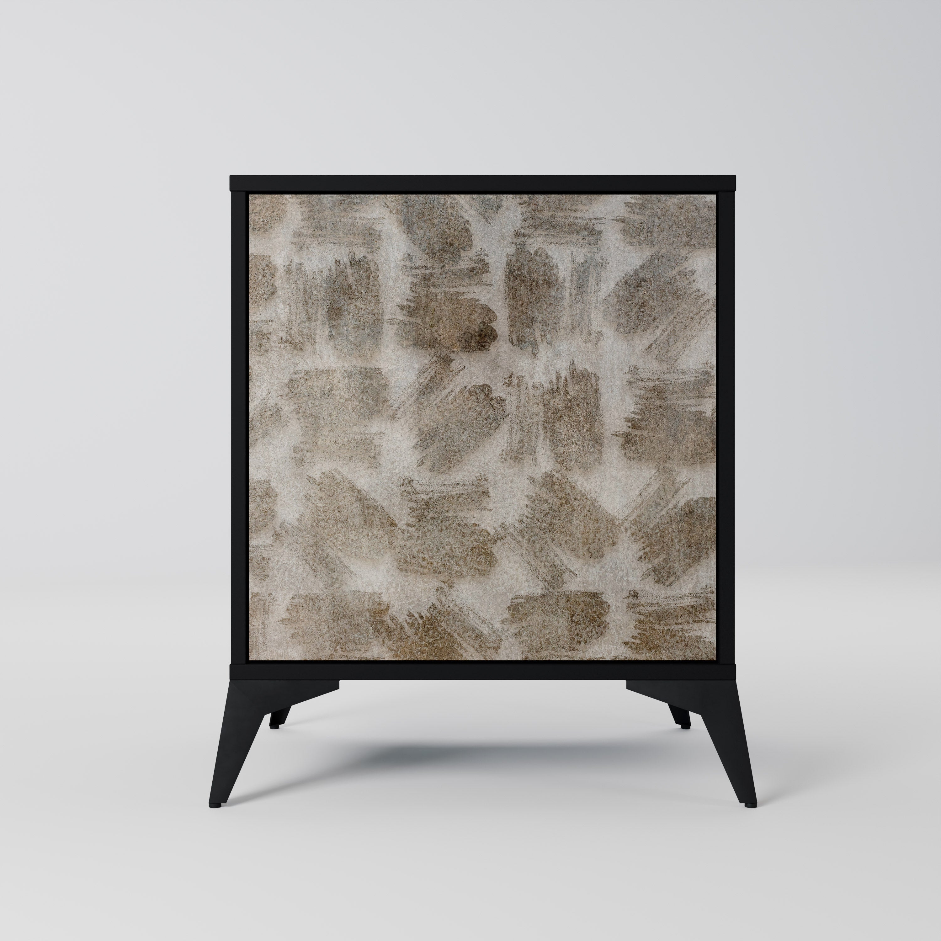 Aparador de una puerta con acabado negro, ligeramente borroso.