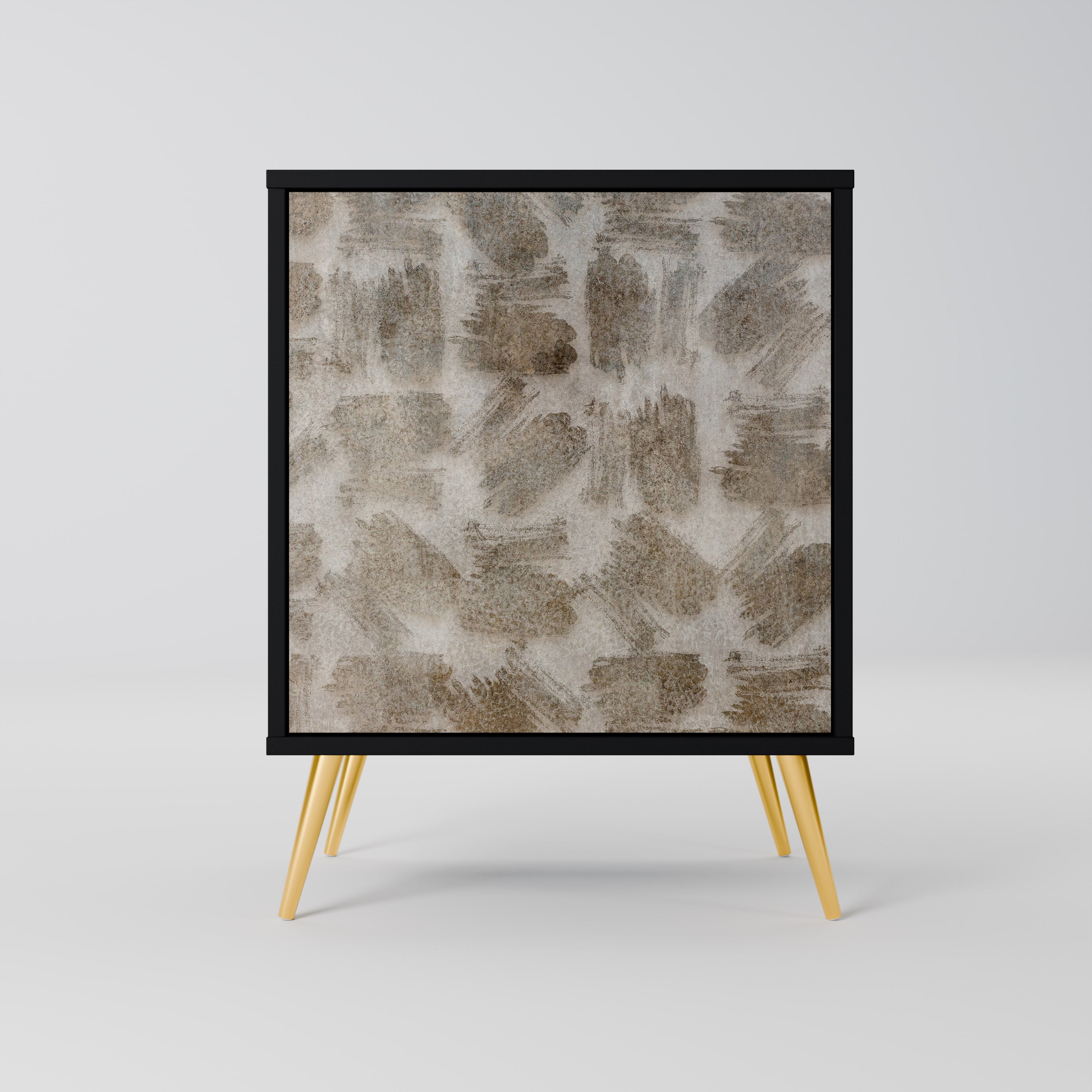 Aparador de una puerta con acabado negro, ligeramente borroso.