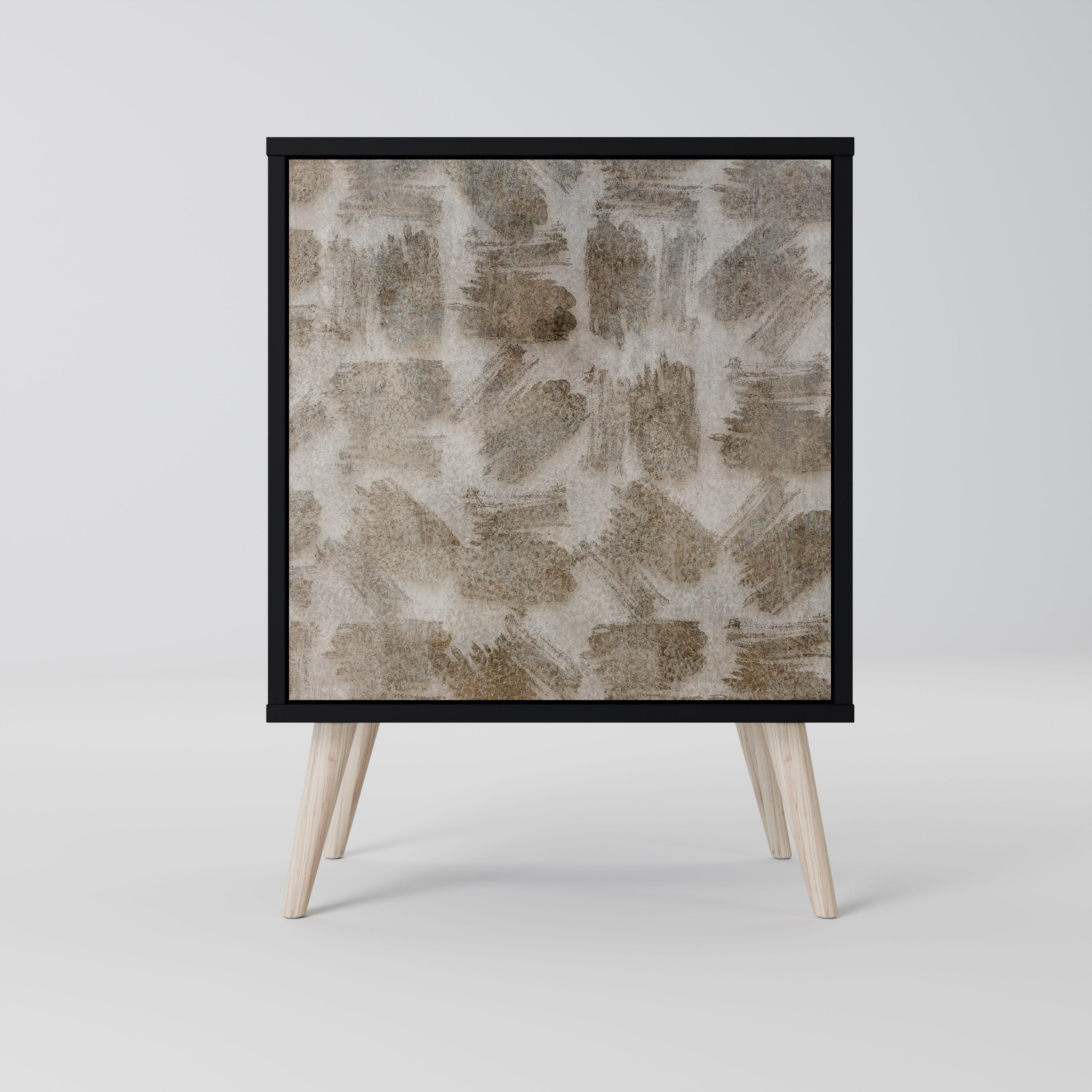 Aparador de una puerta con acabado negro, ligeramente borroso.