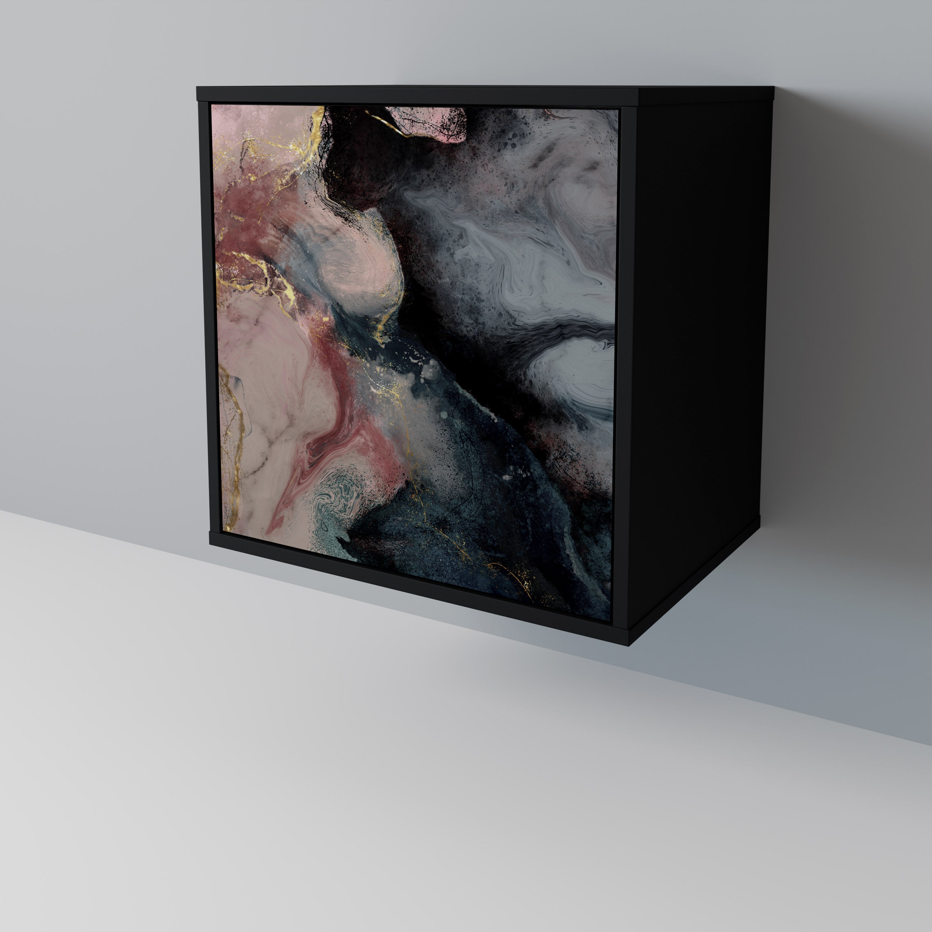 Aparador de una puerta con remolinos dorados en acabado negro