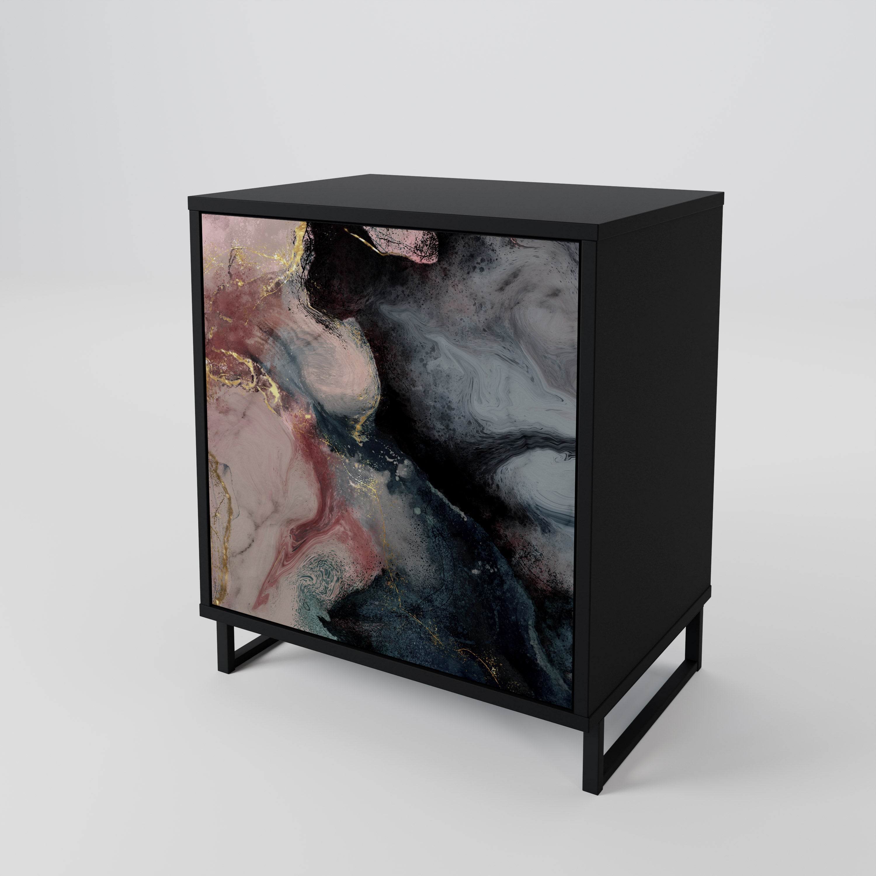 Aparador de una puerta con remolinos dorados en acabado negro