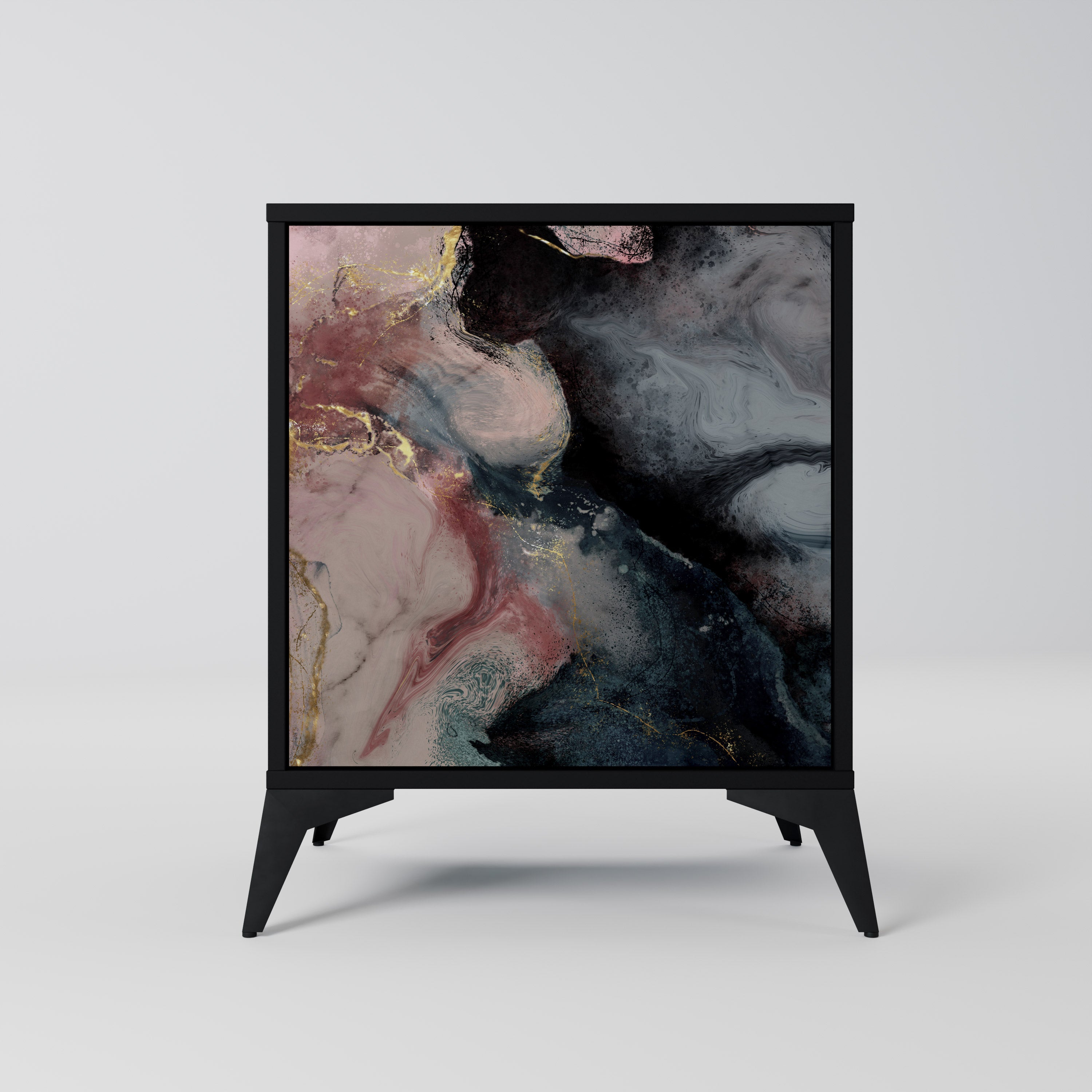 Aparador de una puerta con remolinos dorados en acabado negro