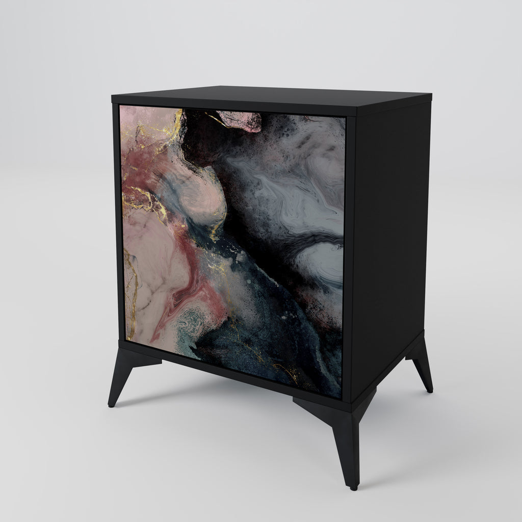 Aparador de una puerta con remolinos dorados en acabado negro