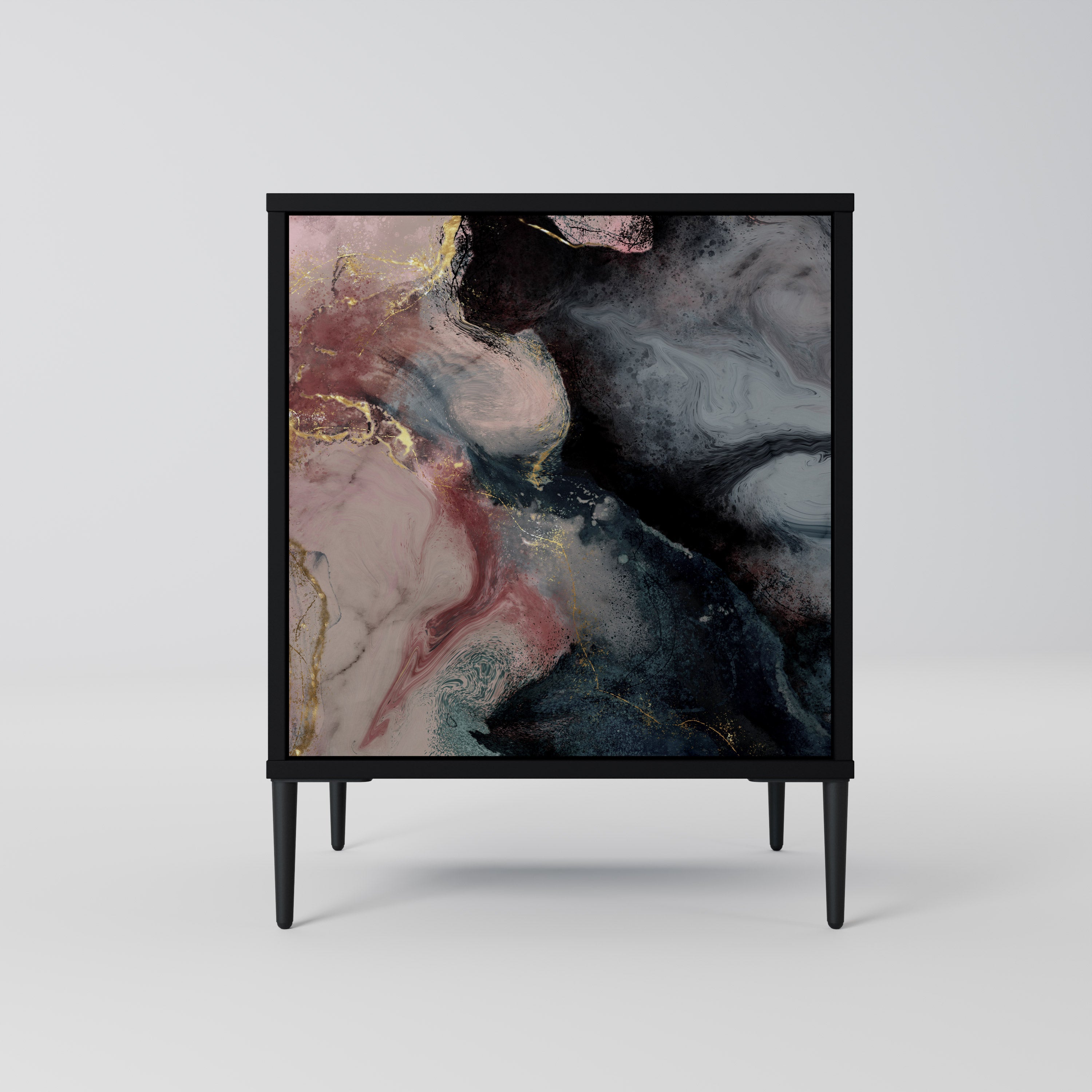 Aparador de una puerta con remolinos dorados en acabado negro