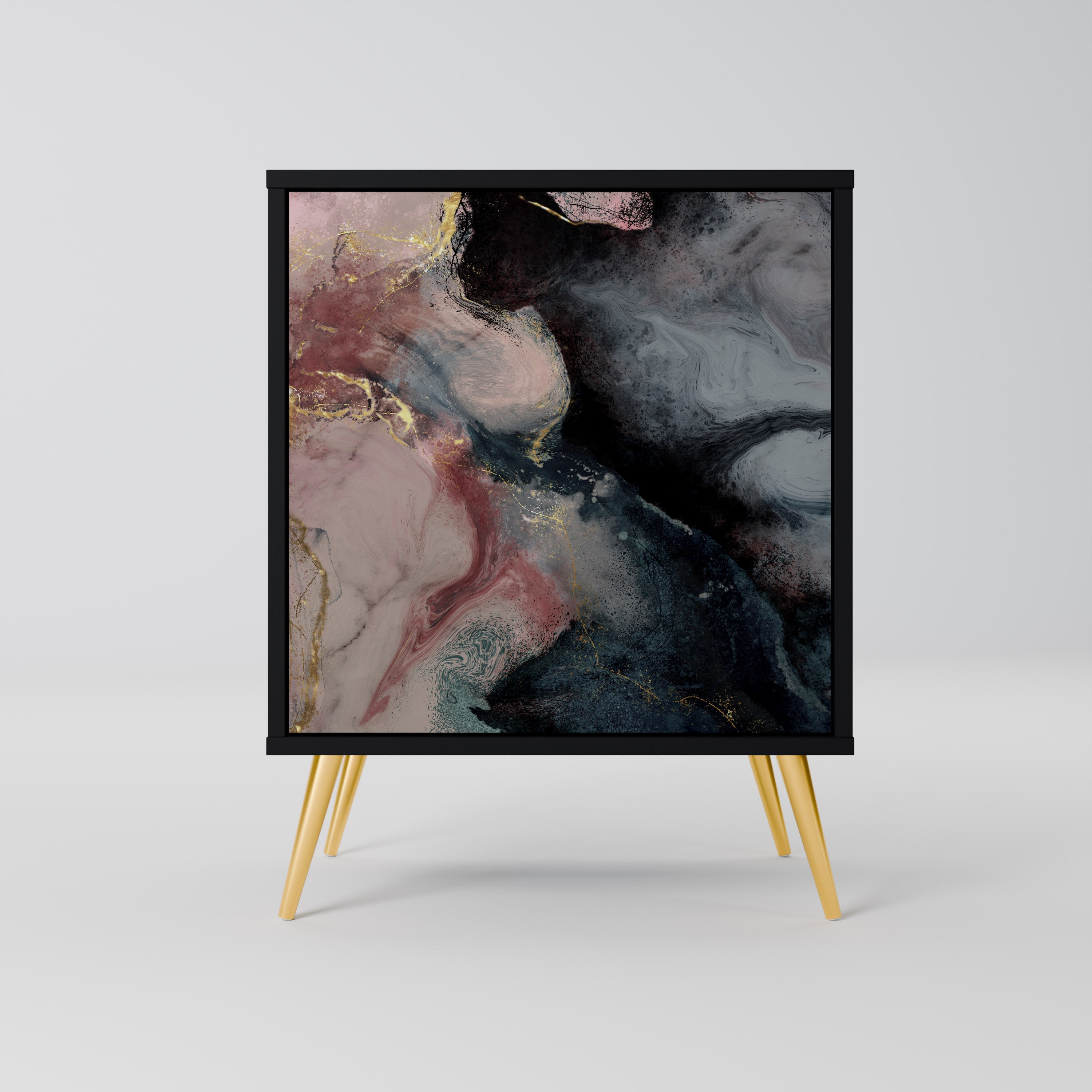 Aparador de una puerta con remolinos dorados en acabado negro