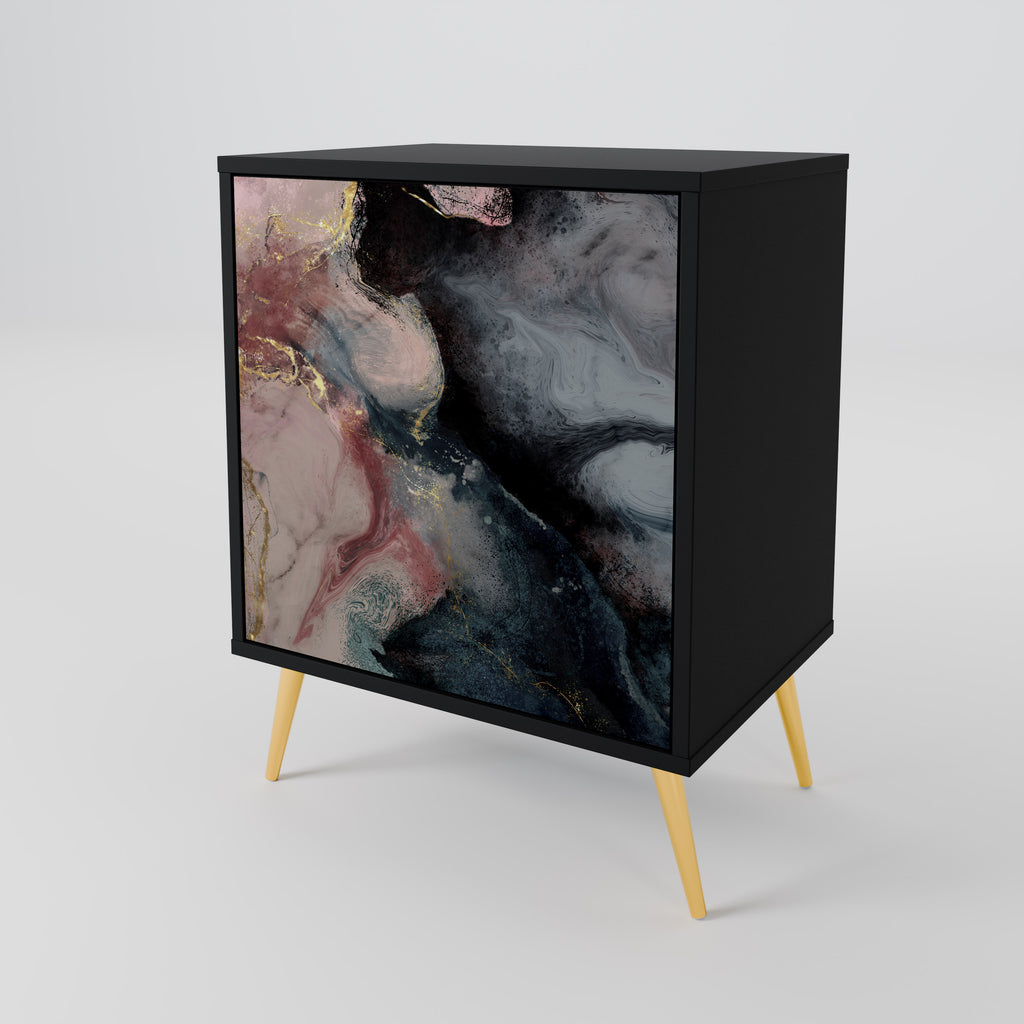 Aparador de una puerta con remolinos dorados en acabado negro