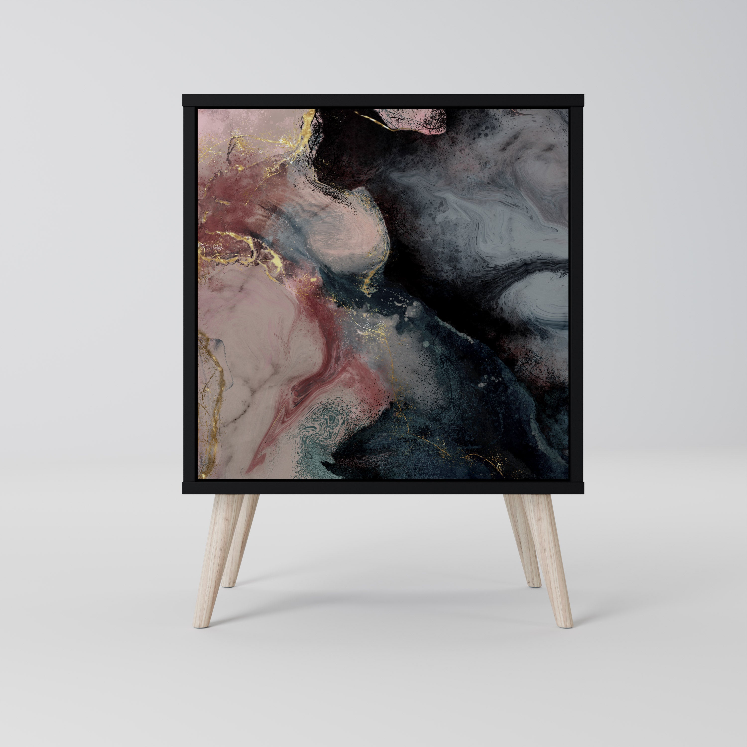 Aparador de una puerta con remolinos dorados en acabado negro