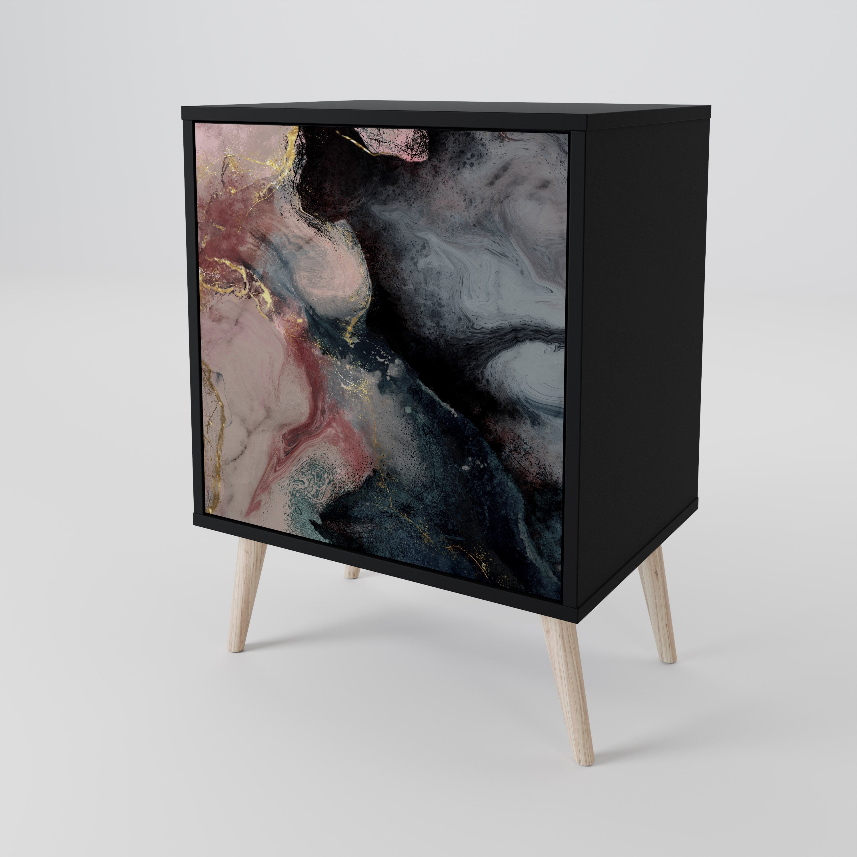 Aparador de una puerta con remolinos dorados en acabado negro