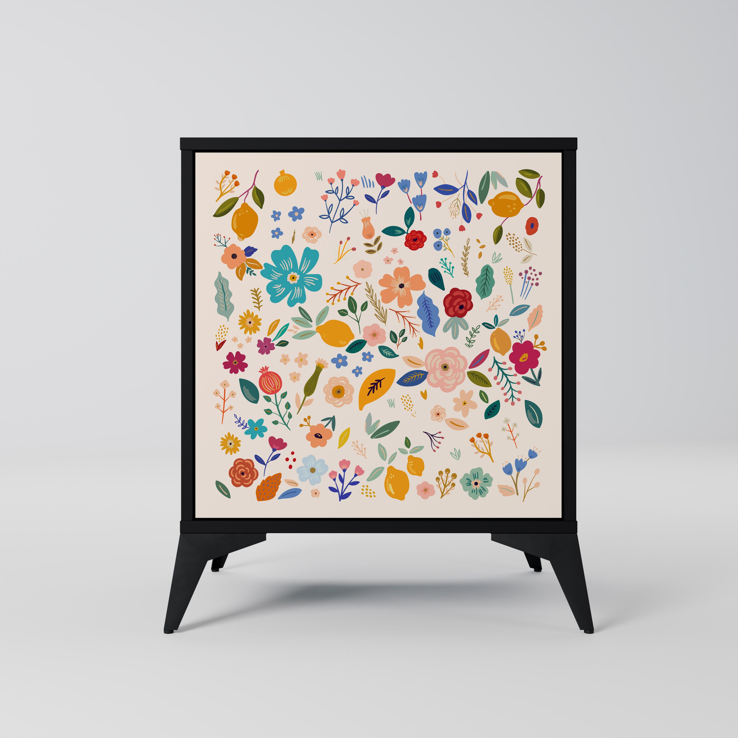 Aparador de 1 puerta con estampado floral en acabado negro