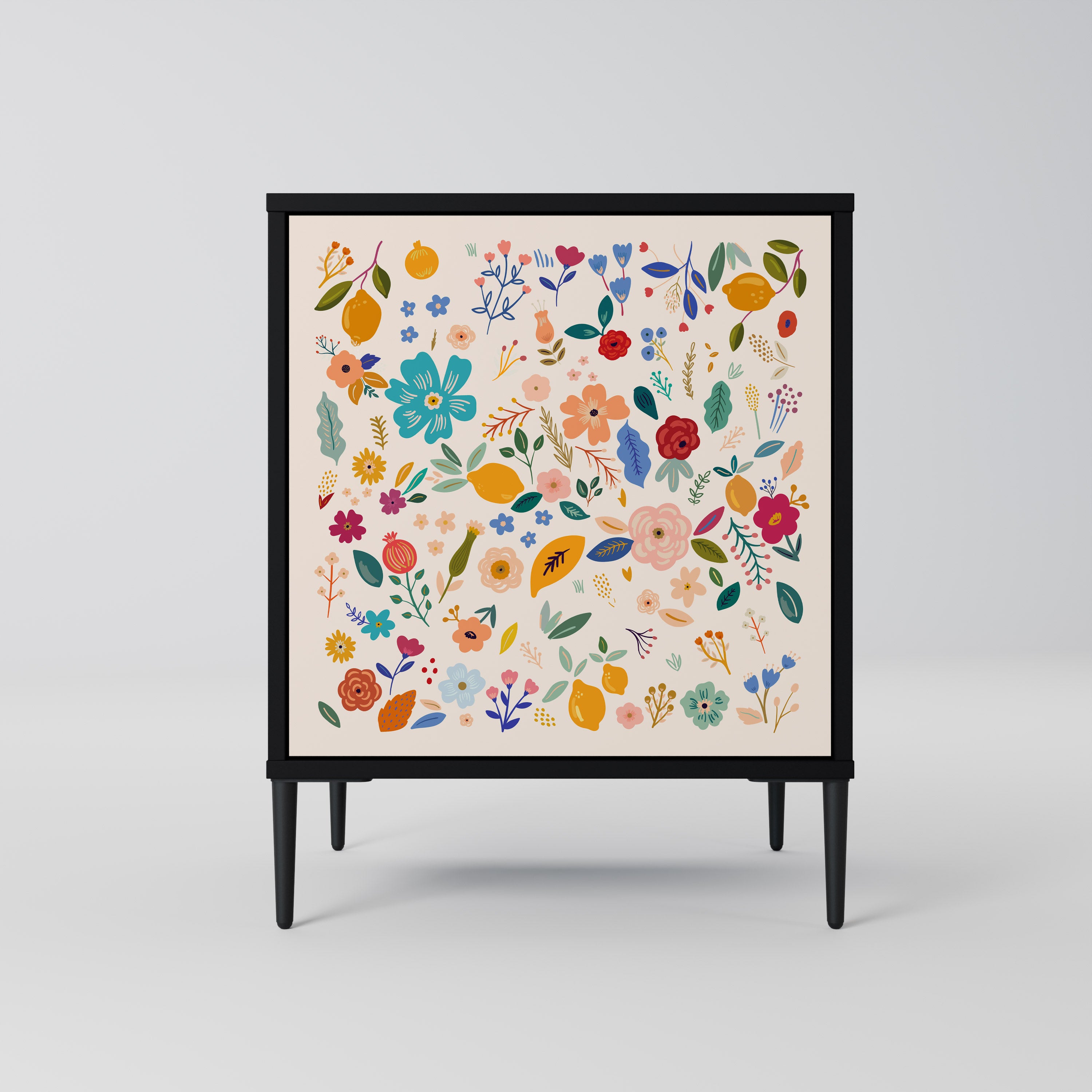 Aparador de 1 puerta con estampado floral en acabado negro