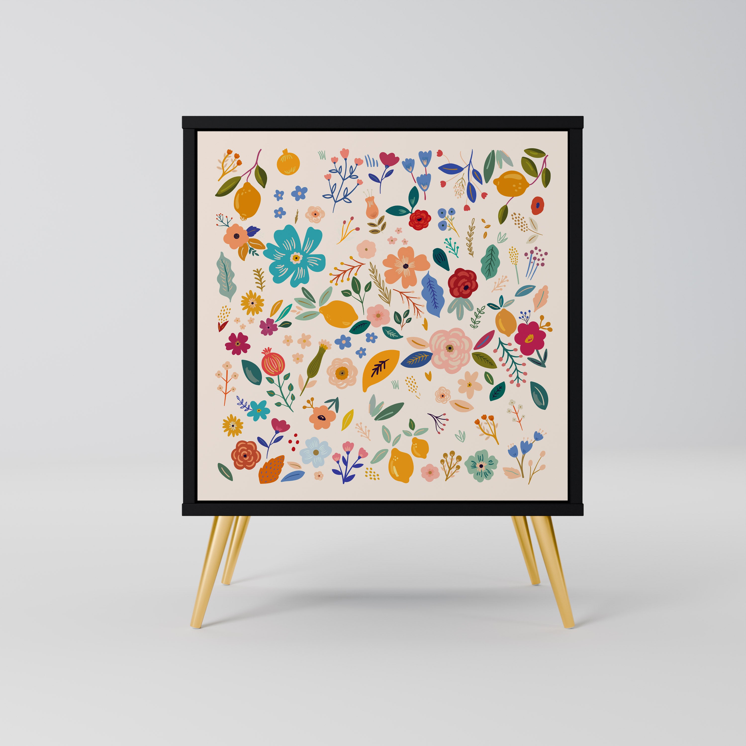 Aparador de 1 puerta con estampado floral en acabado negro