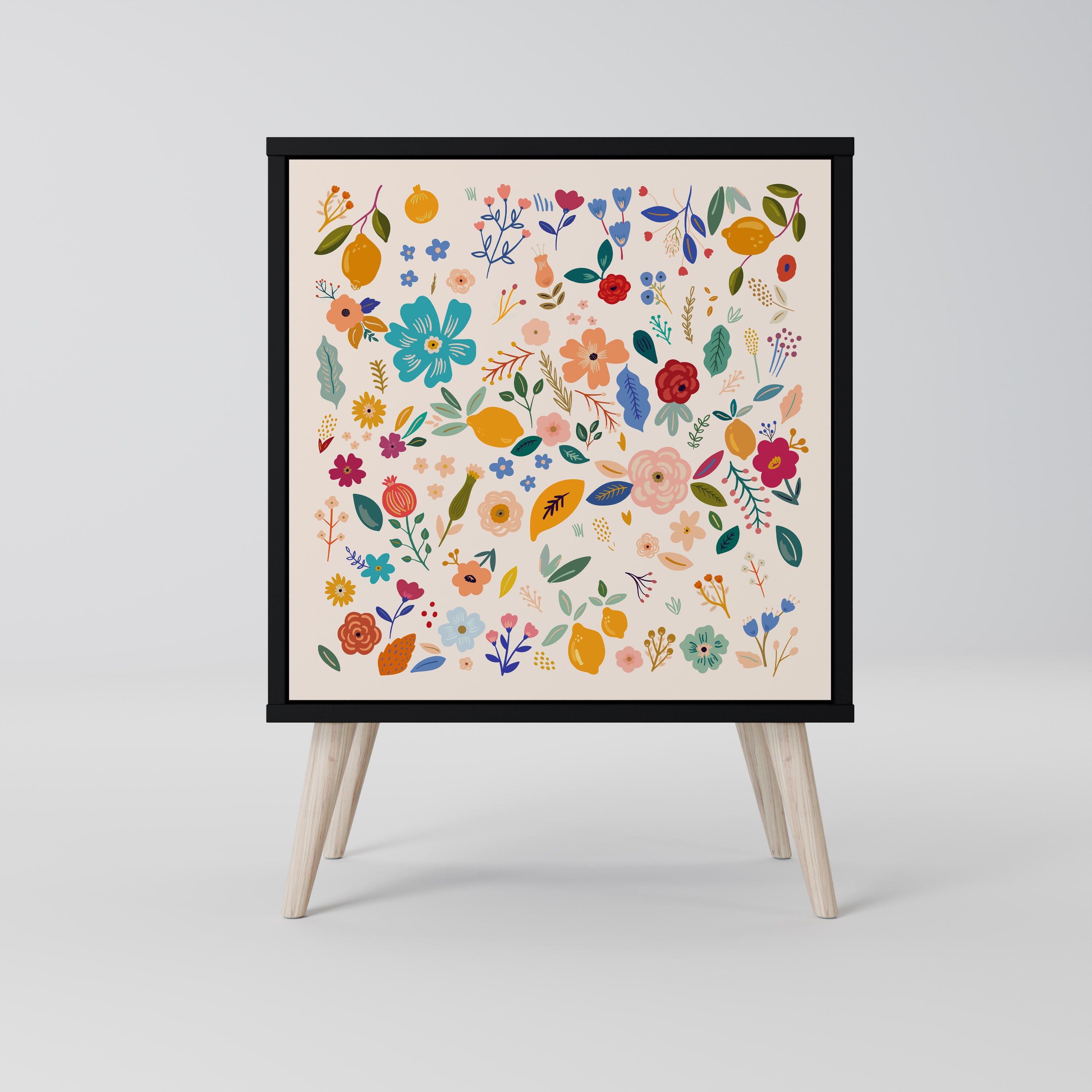 Aparador de 1 puerta con estampado floral en acabado negro