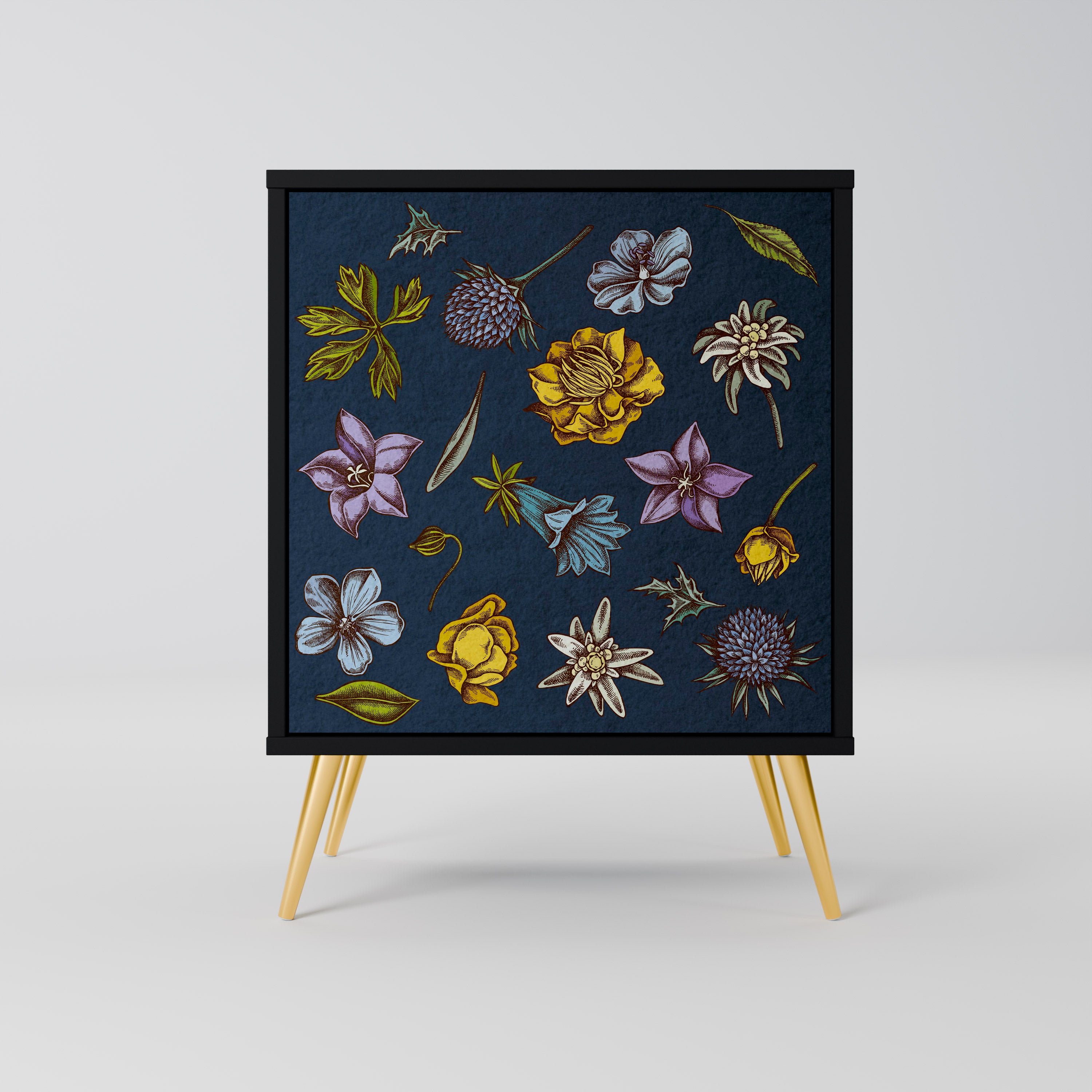 Aparador de una puerta con flores sobre fondo azul marino y acabado negro.