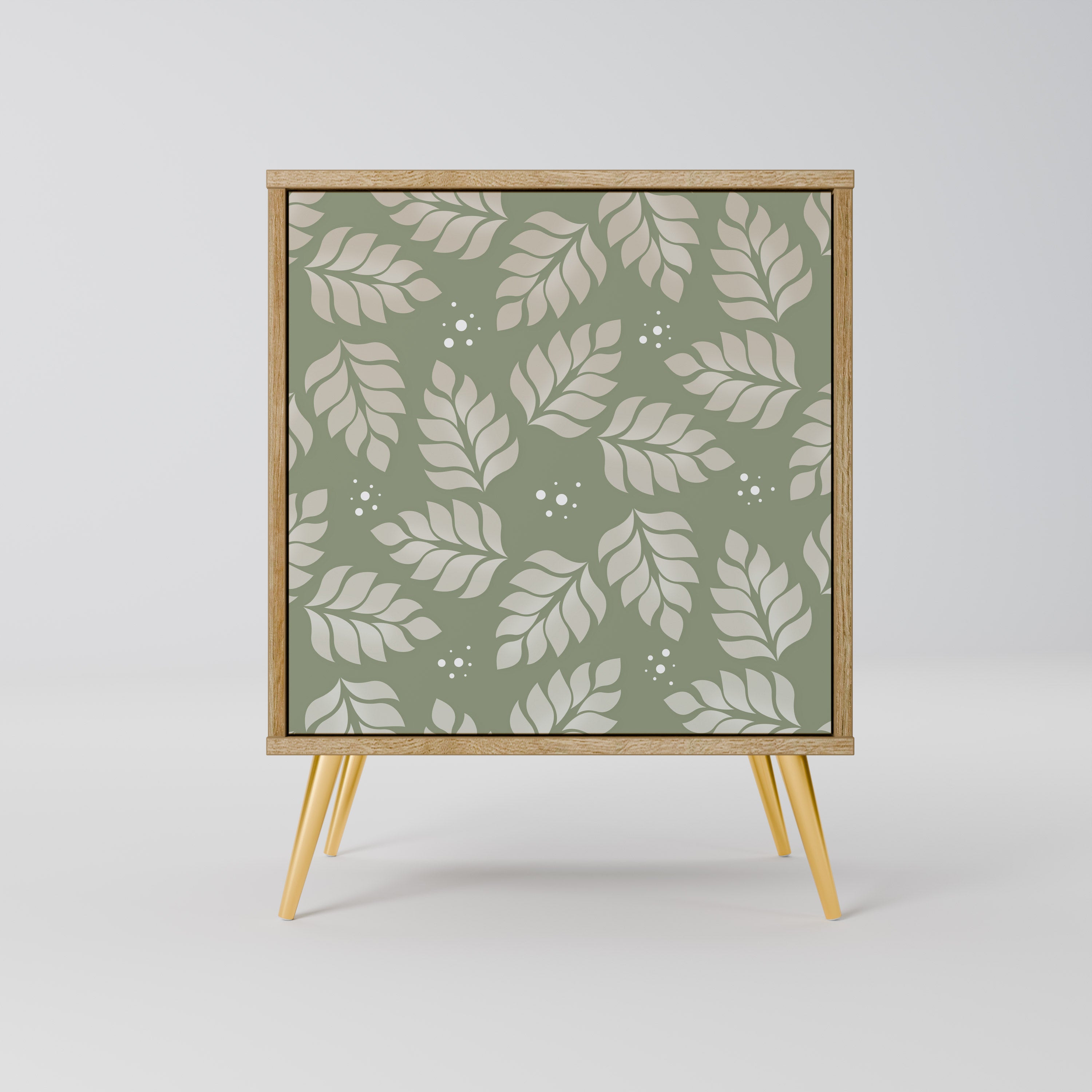 Aparador de una puerta con estampado de hojas verdes y acabado en roble