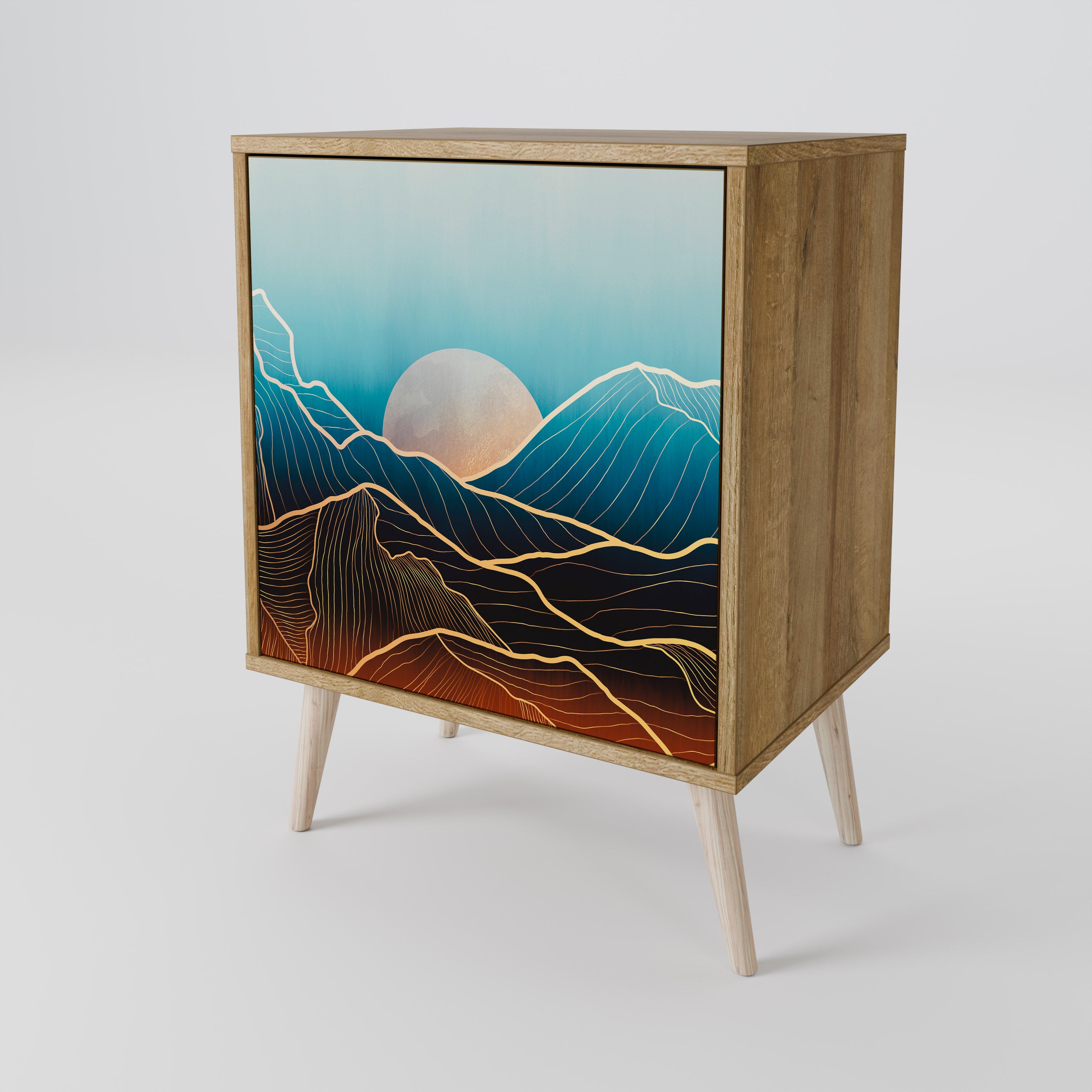 Aparador LUNAR SECRETS de 1 puerta con acabado efecto roble