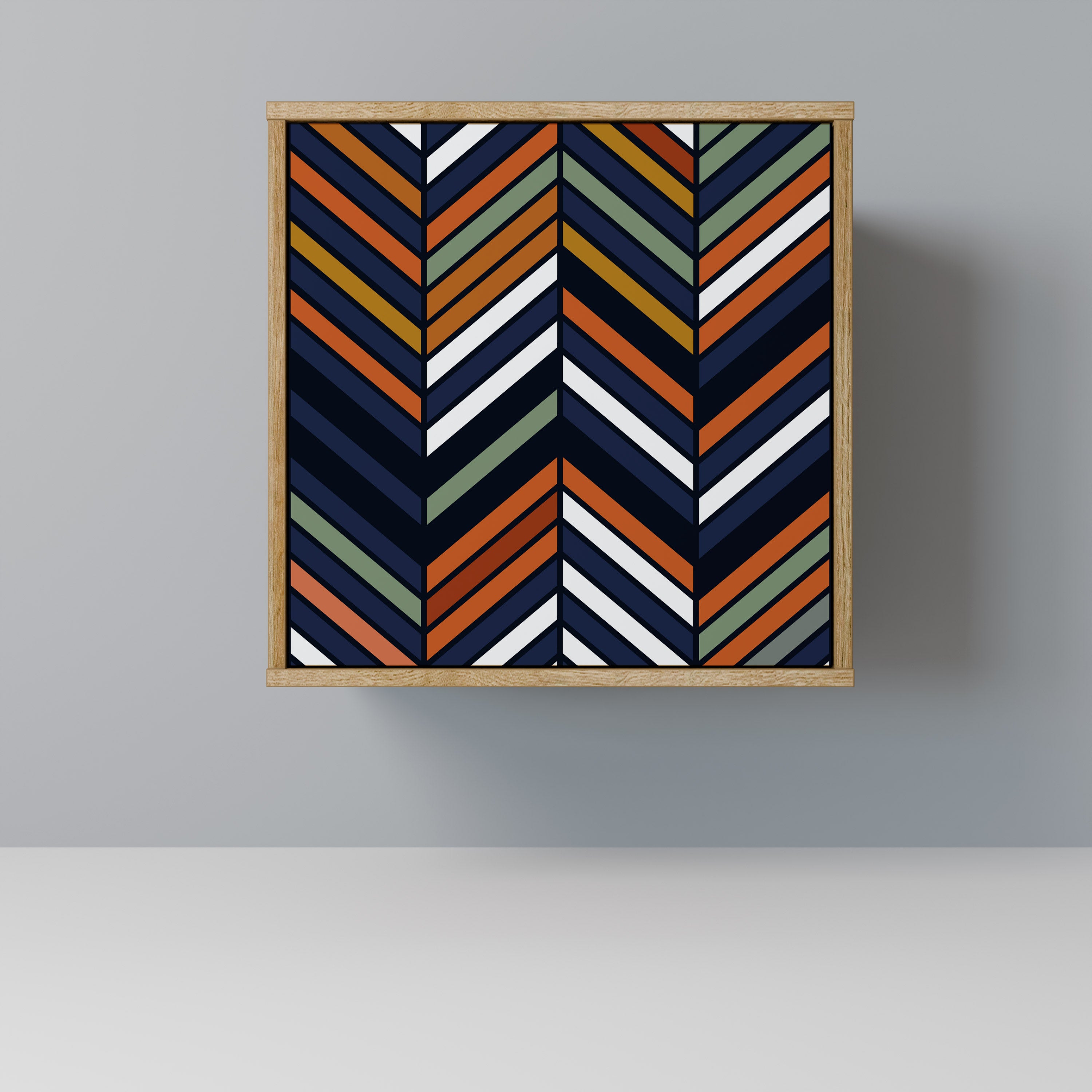 Aparador de una puerta con estampado patchwork vibrante en efecto roble