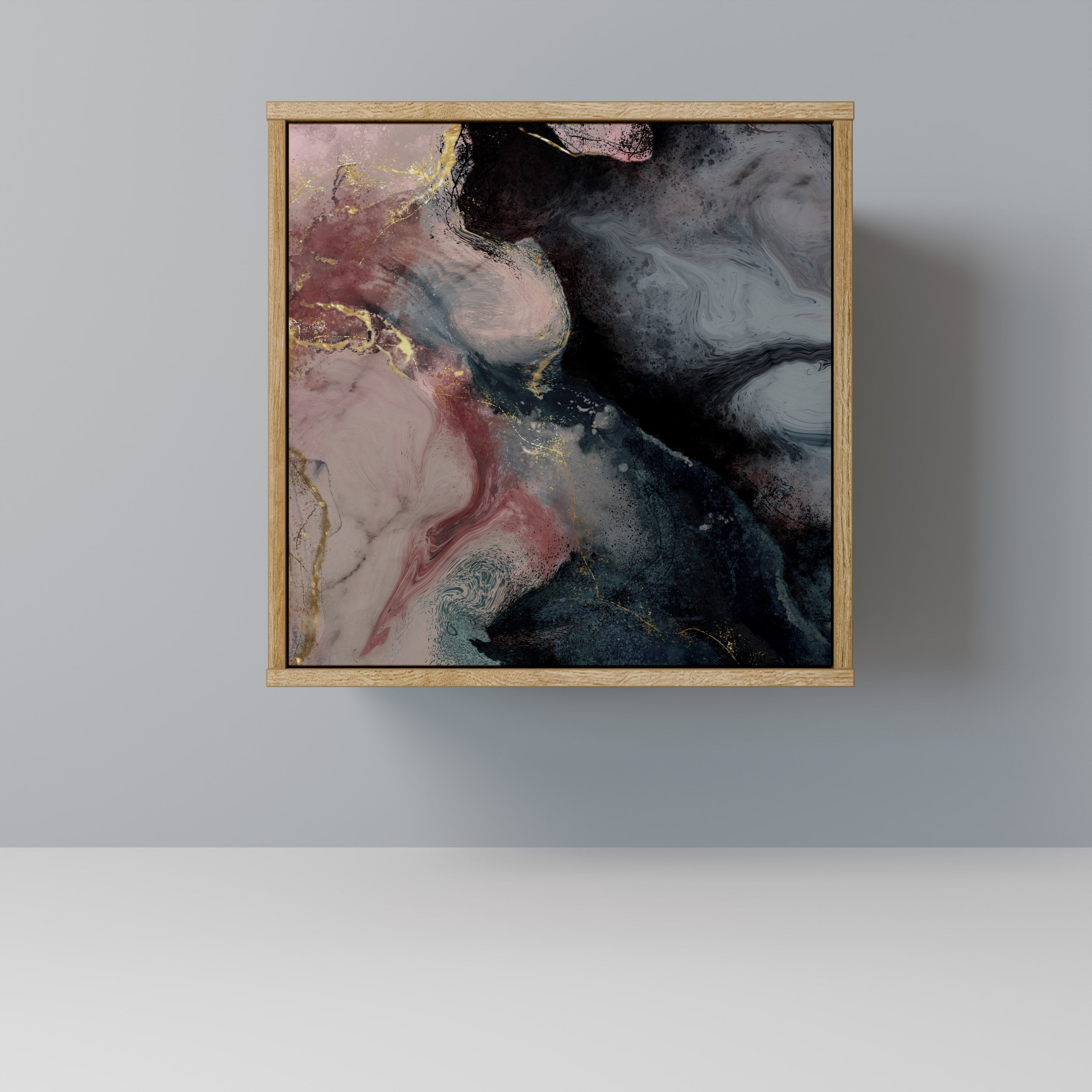 Aparador de una puerta con remolinos dorados en efecto roble