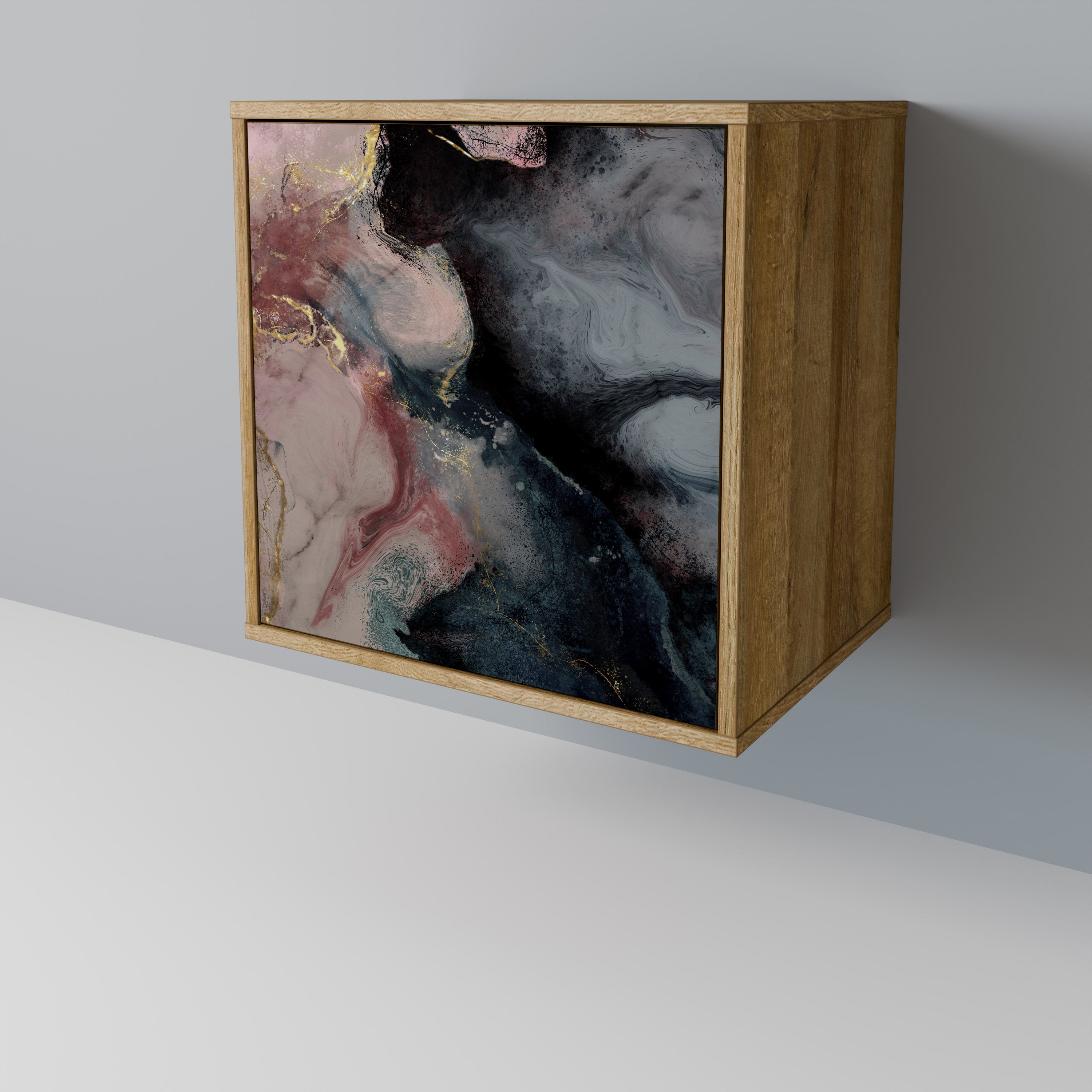 Aparador de una puerta con remolinos dorados en efecto roble