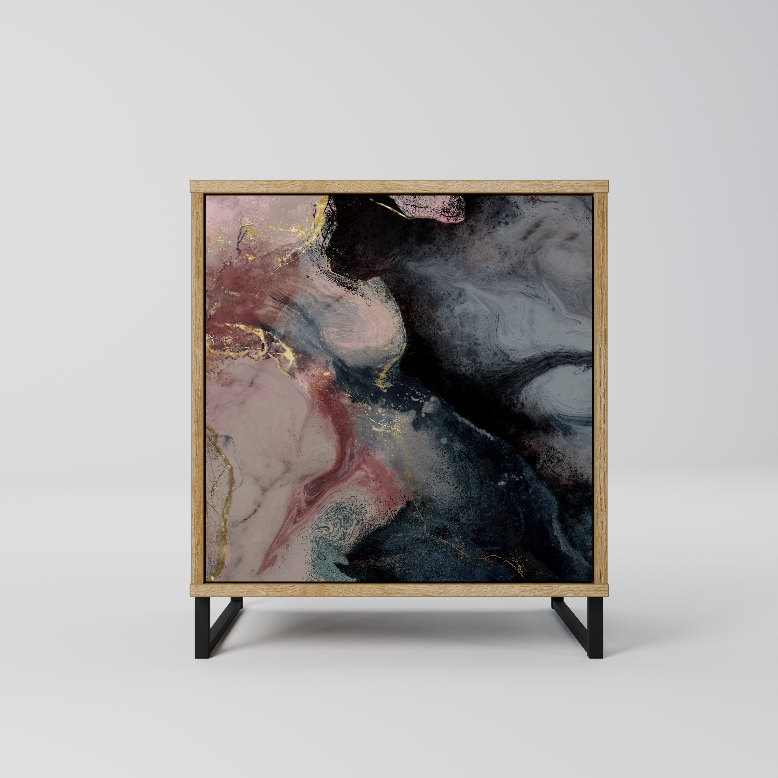 Aparador de una puerta con remolinos dorados en efecto roble