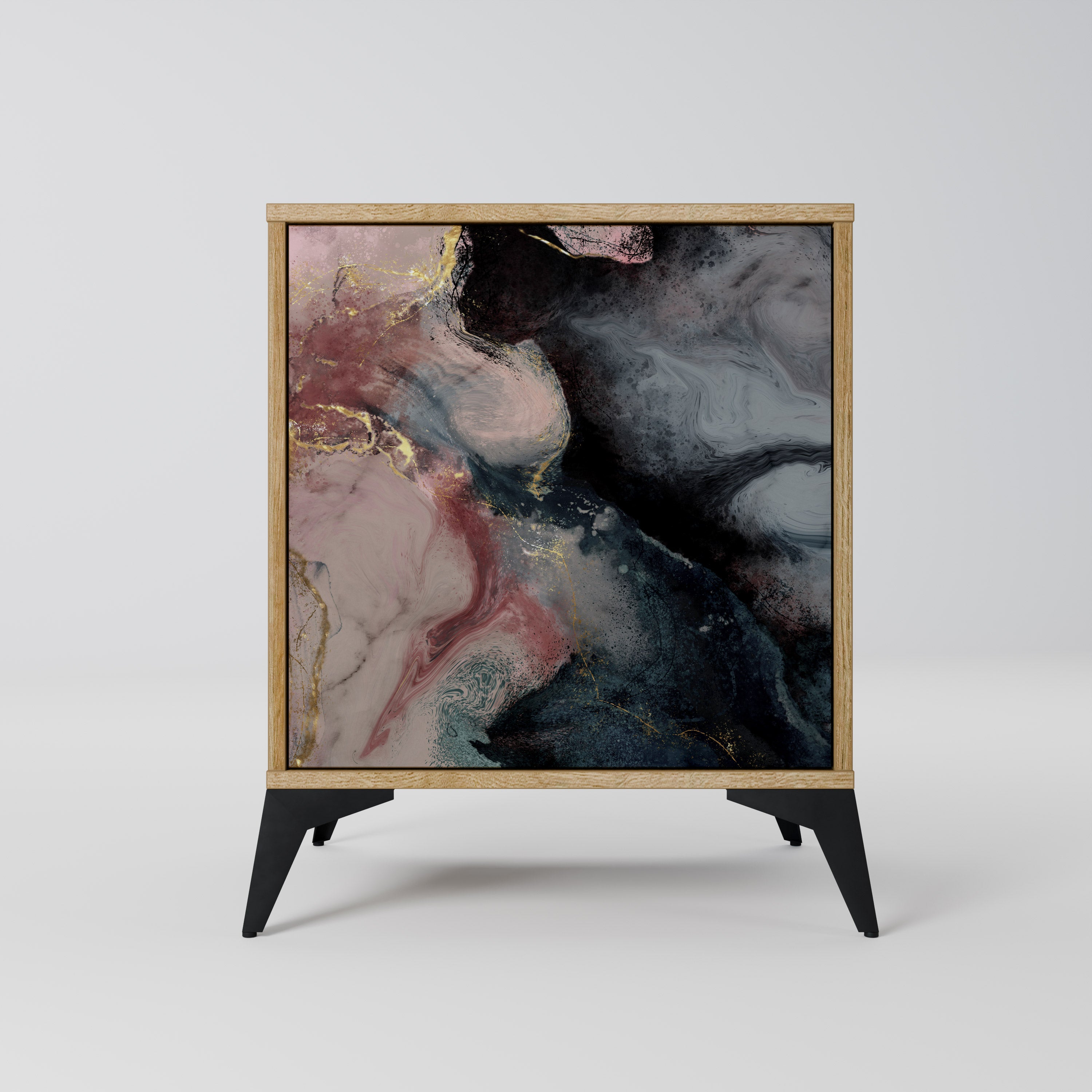 Aparador de una puerta con remolinos dorados en efecto roble