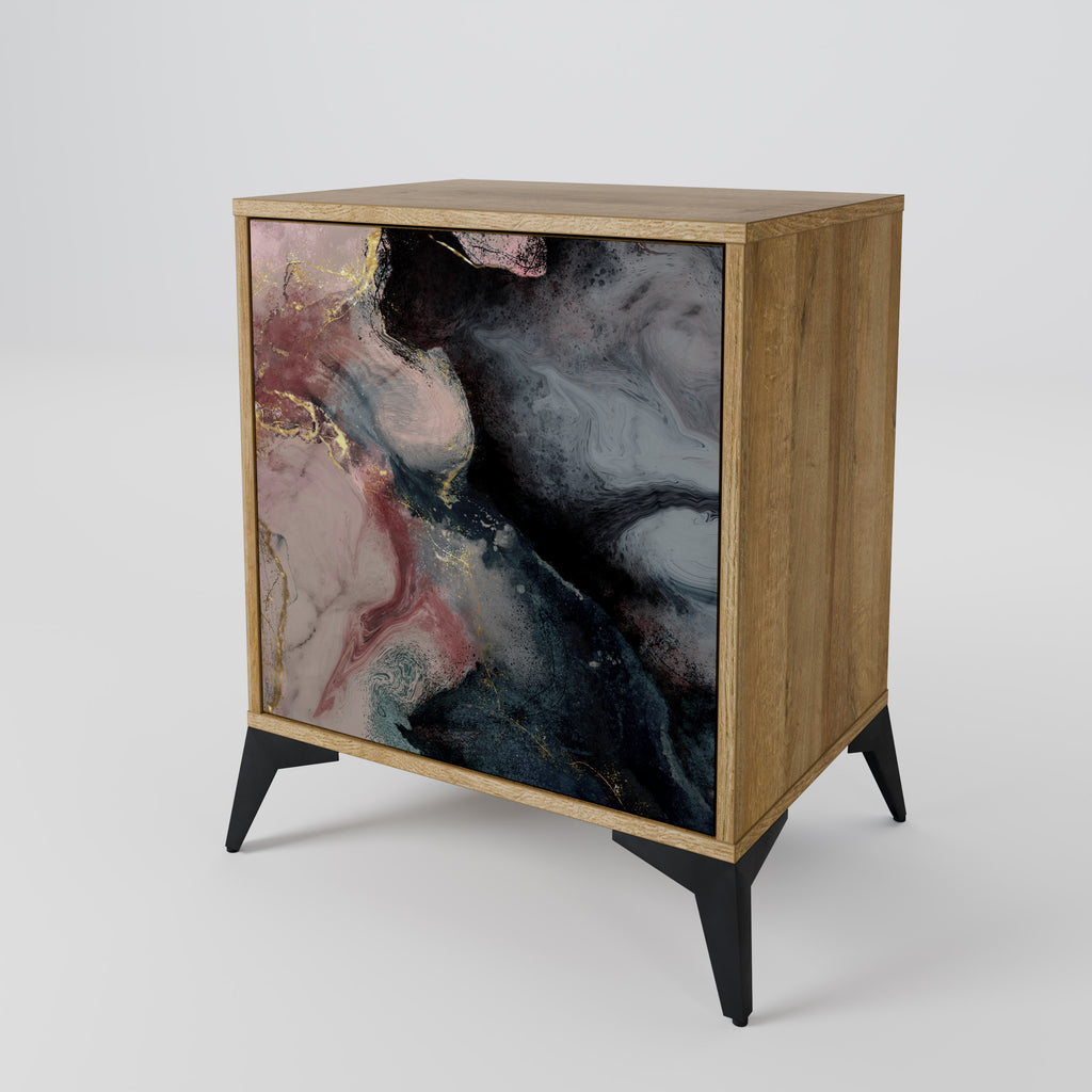 Aparador de una puerta con remolinos dorados en efecto roble