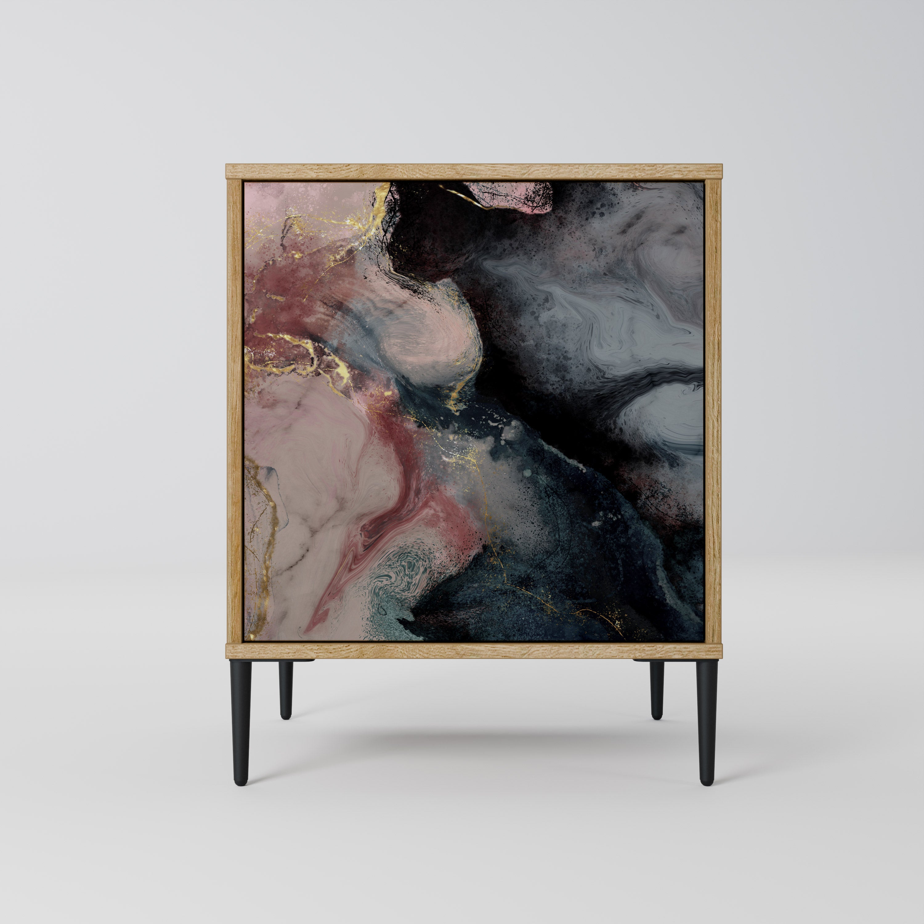 Aparador de una puerta con remolinos dorados en efecto roble