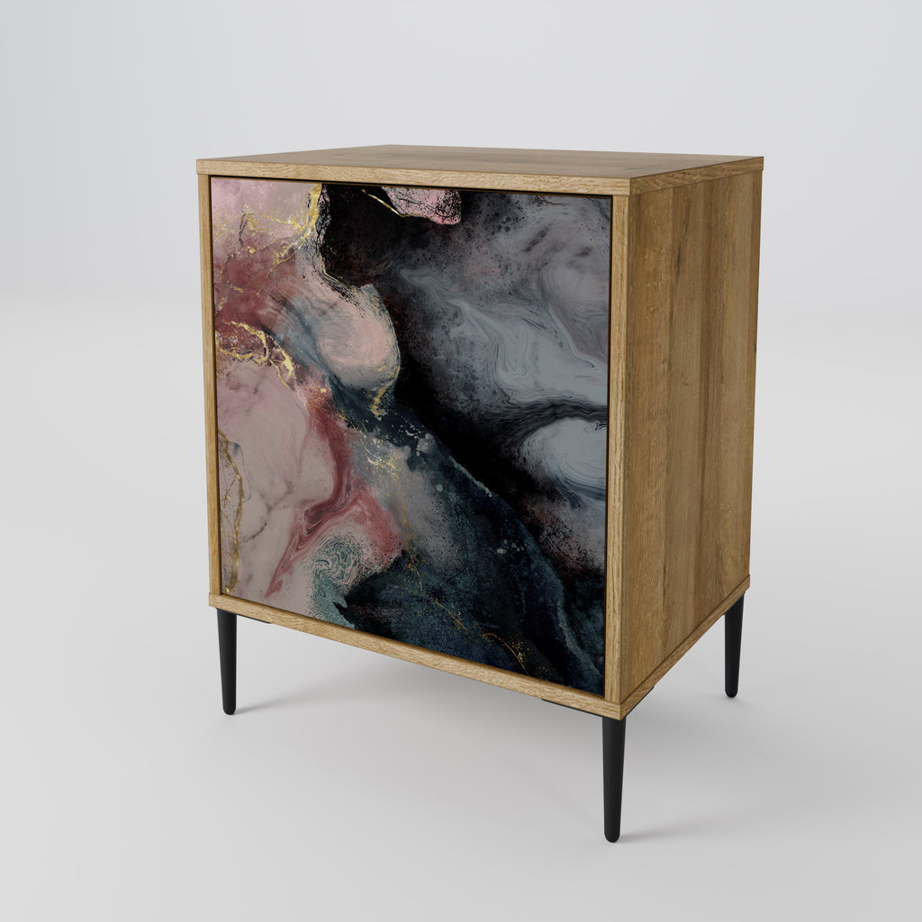 Aparador de una puerta con remolinos dorados en efecto roble