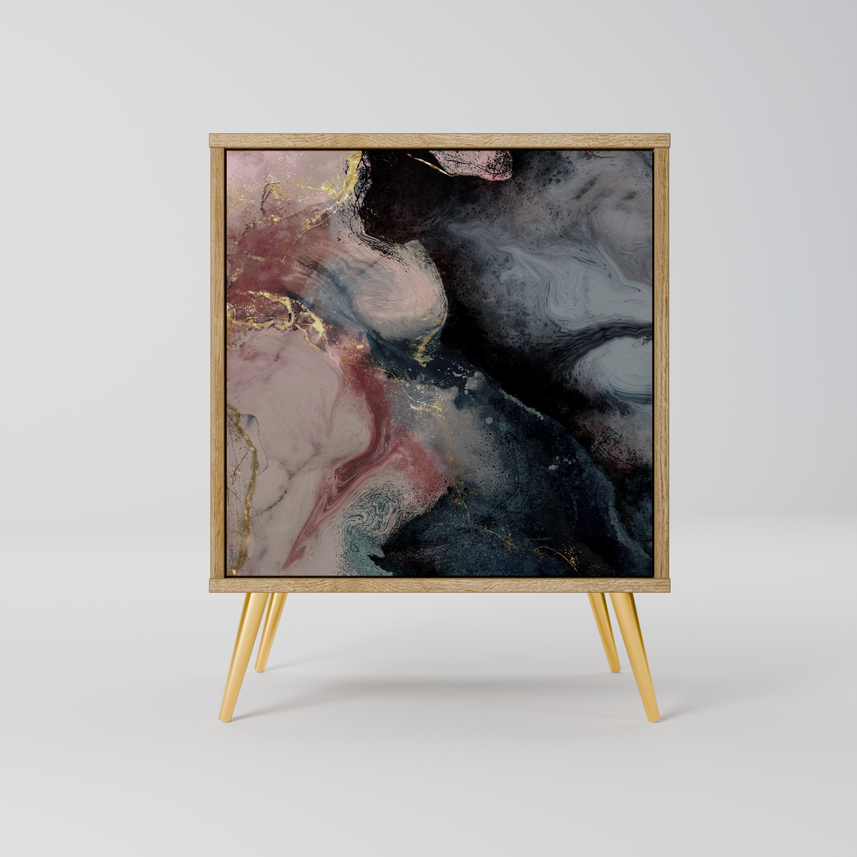 Aparador de una puerta con remolinos dorados en efecto roble