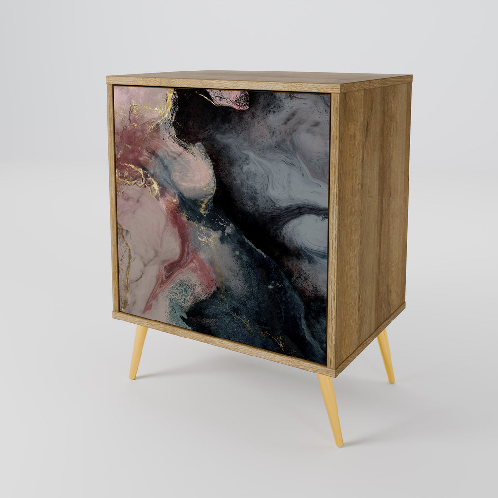 Aparador de una puerta con remolinos dorados en efecto roble