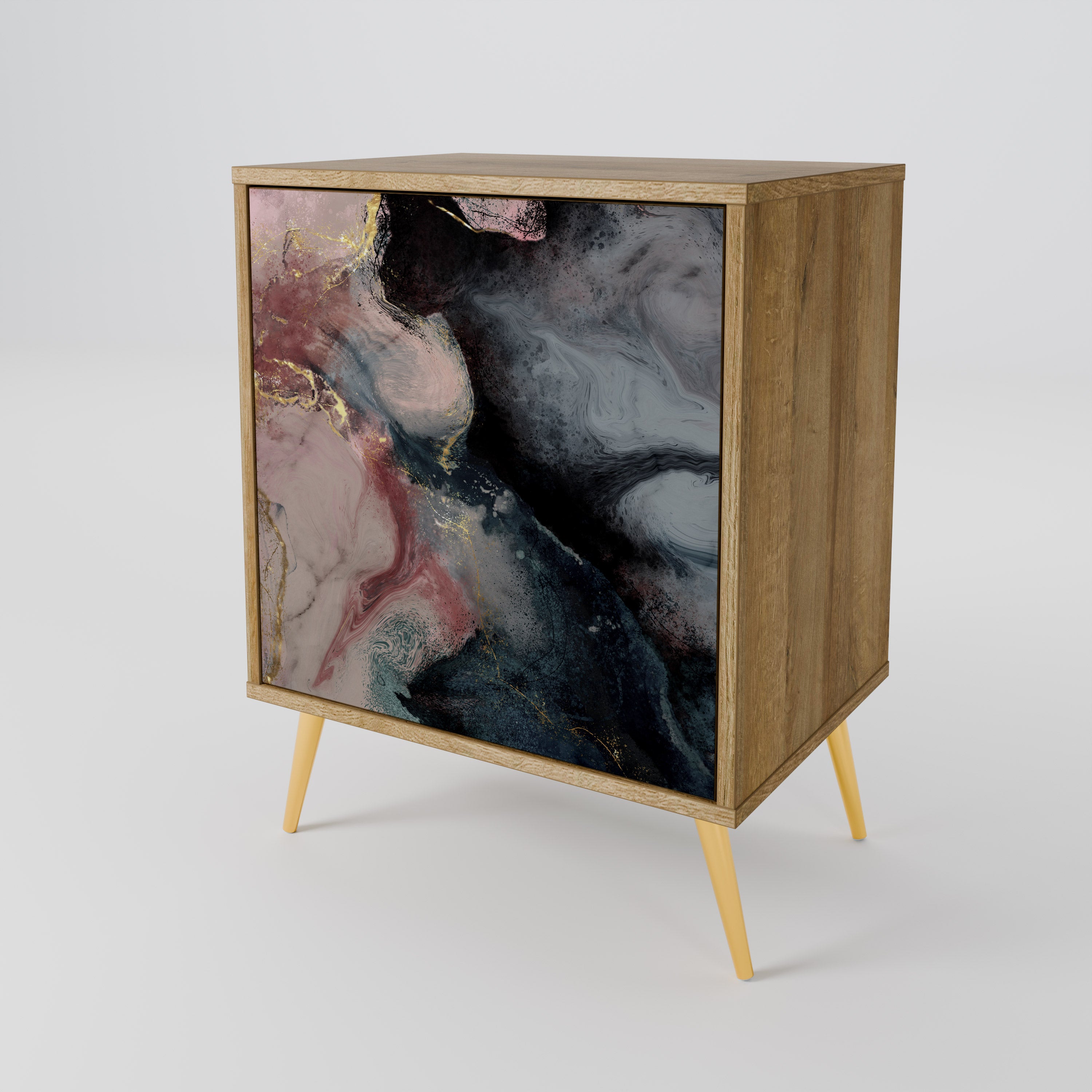 Aparador de una puerta con remolinos dorados en efecto roble