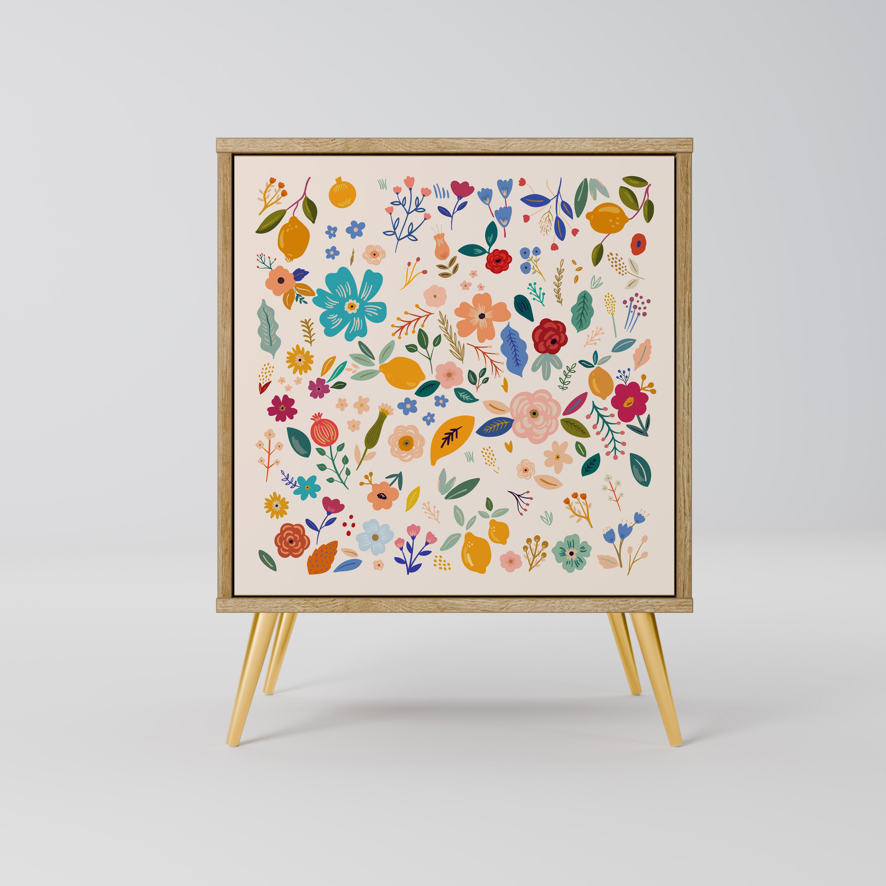 Aparador de 1 puerta con estampado floral y acabado en roble