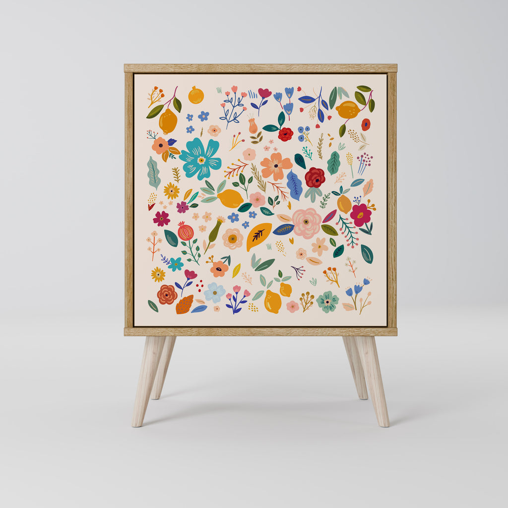 Aparador de 1 puerta con estampado floral y acabado en roble