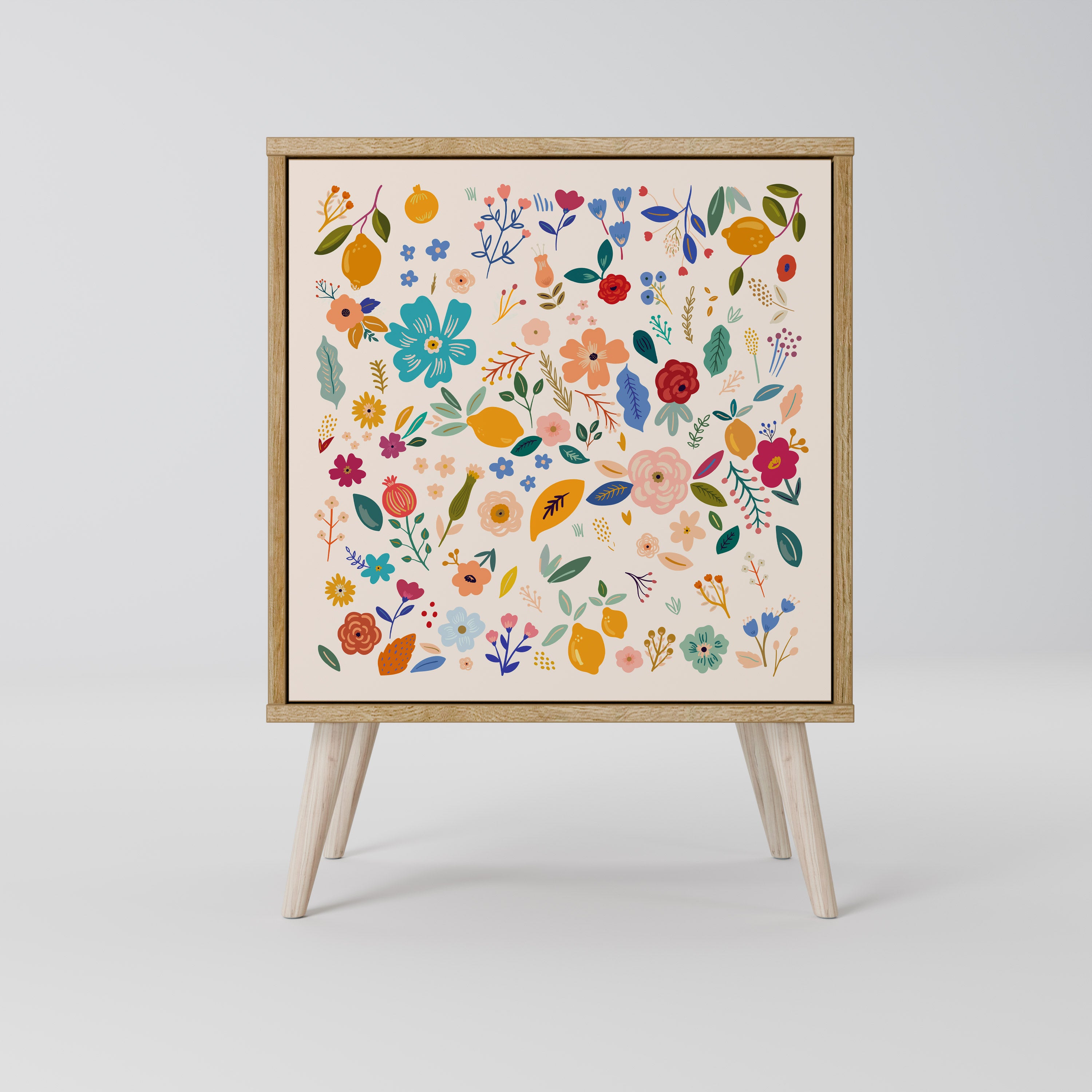 Aparador de 1 puerta con estampado floral y acabado en roble