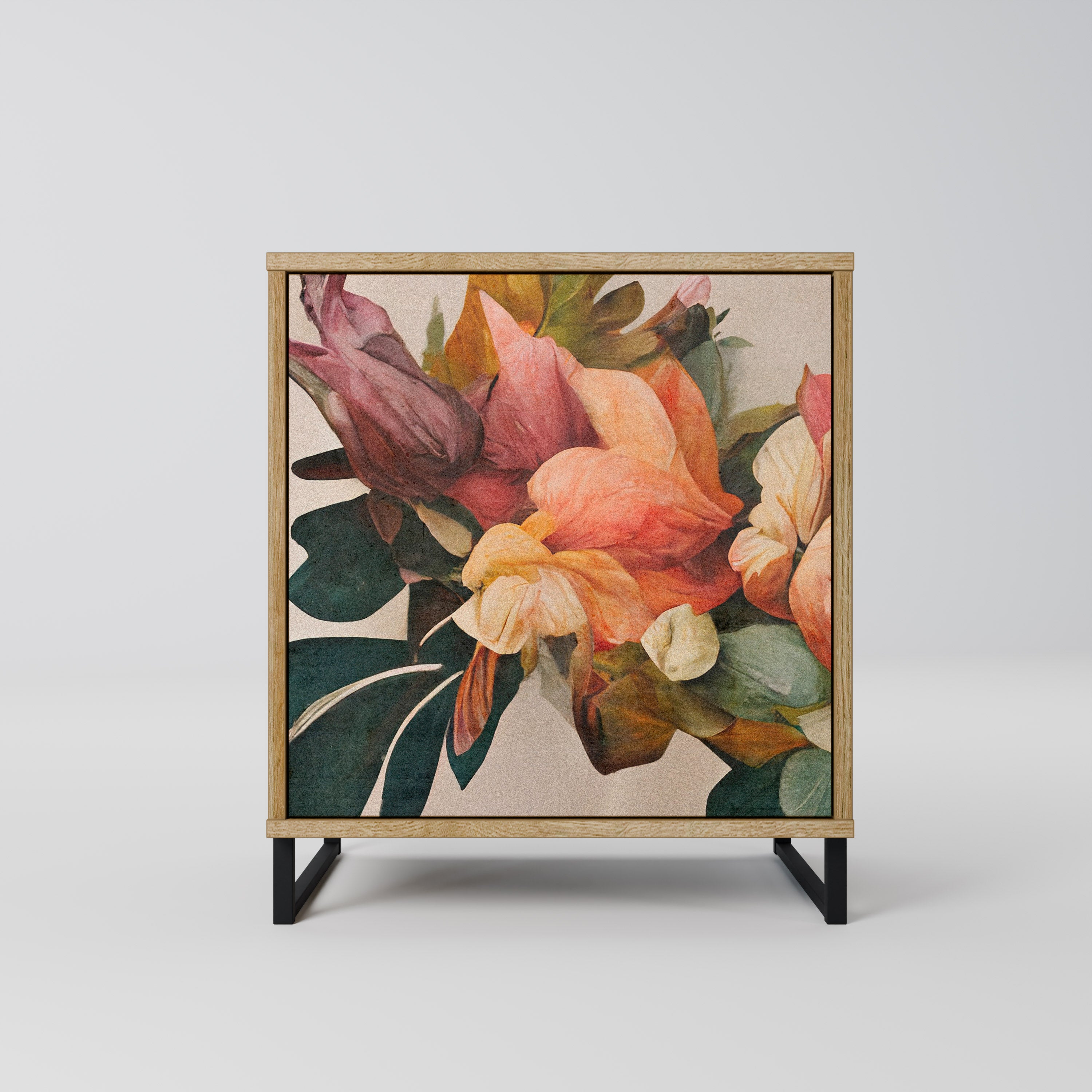 Elegante aparador de 1 puerta con acabado en roble