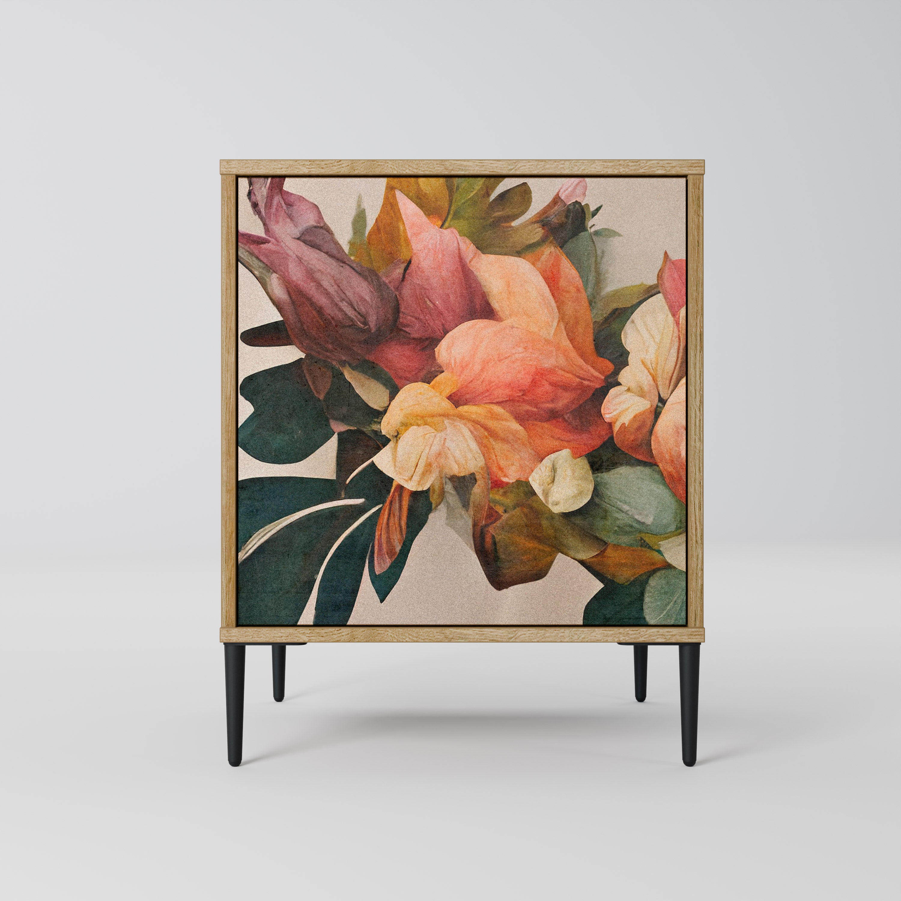 Elegante aparador de 1 puerta con acabado en roble