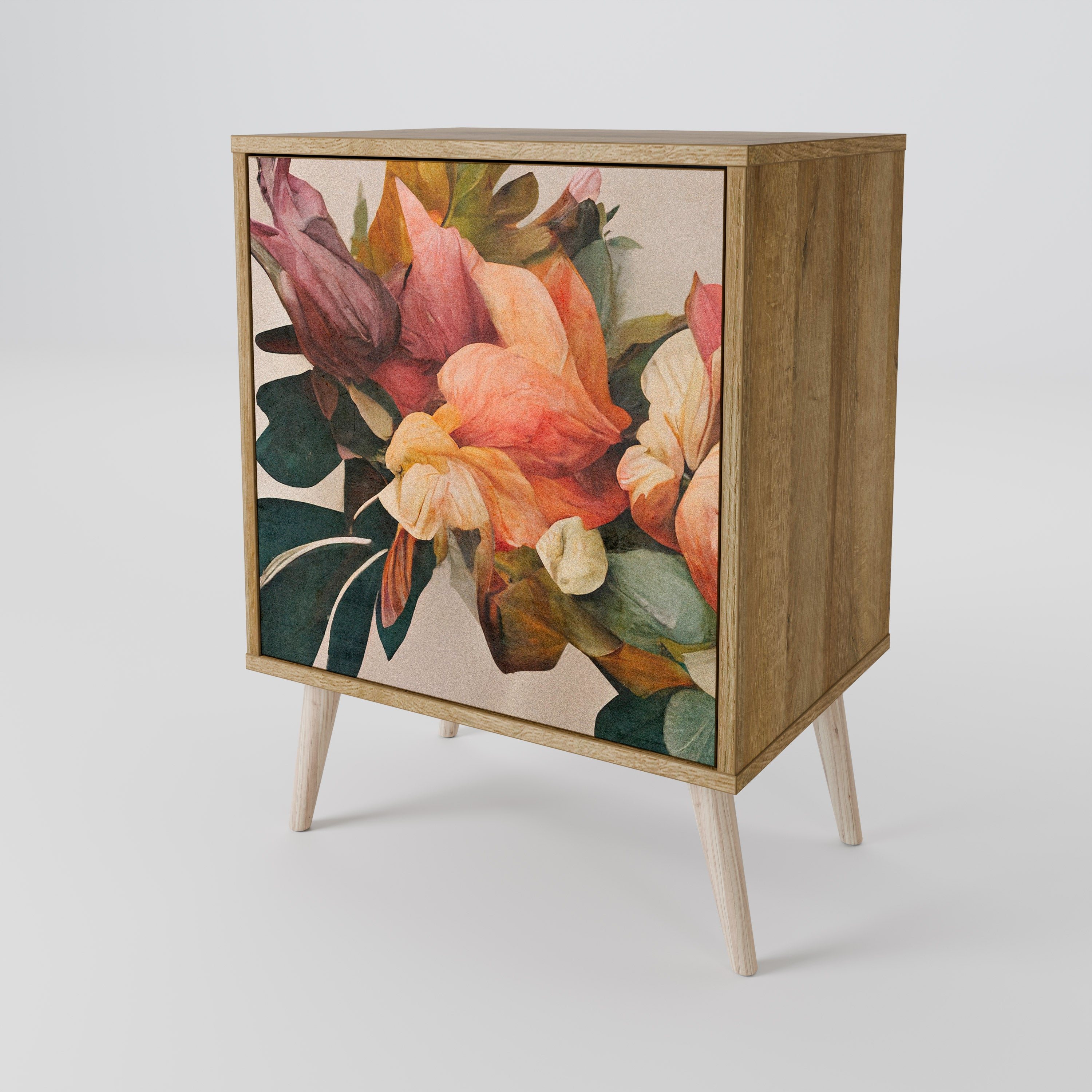 Elegante aparador de 1 puerta con acabado en roble