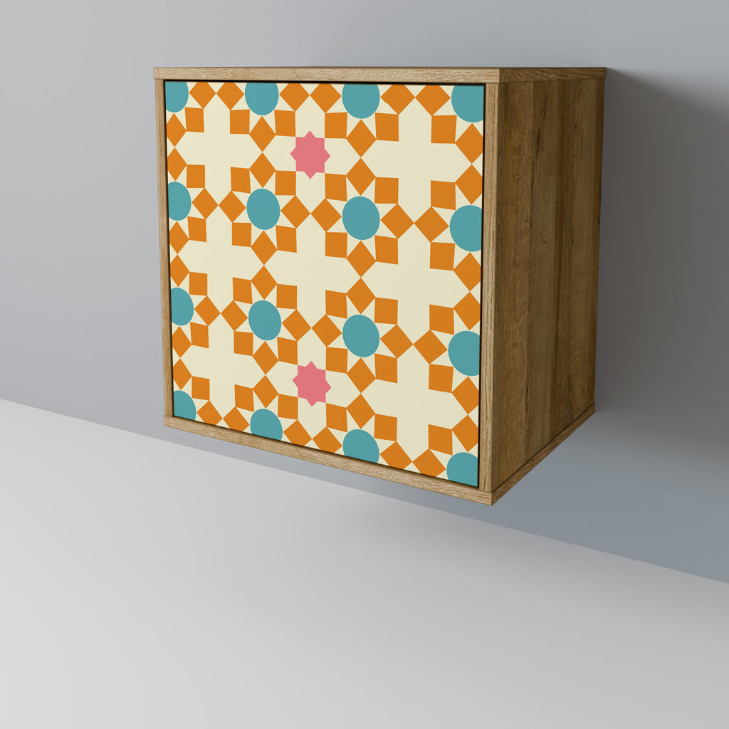 Aparador de 1 puerta con decoración floral y acabado en roble