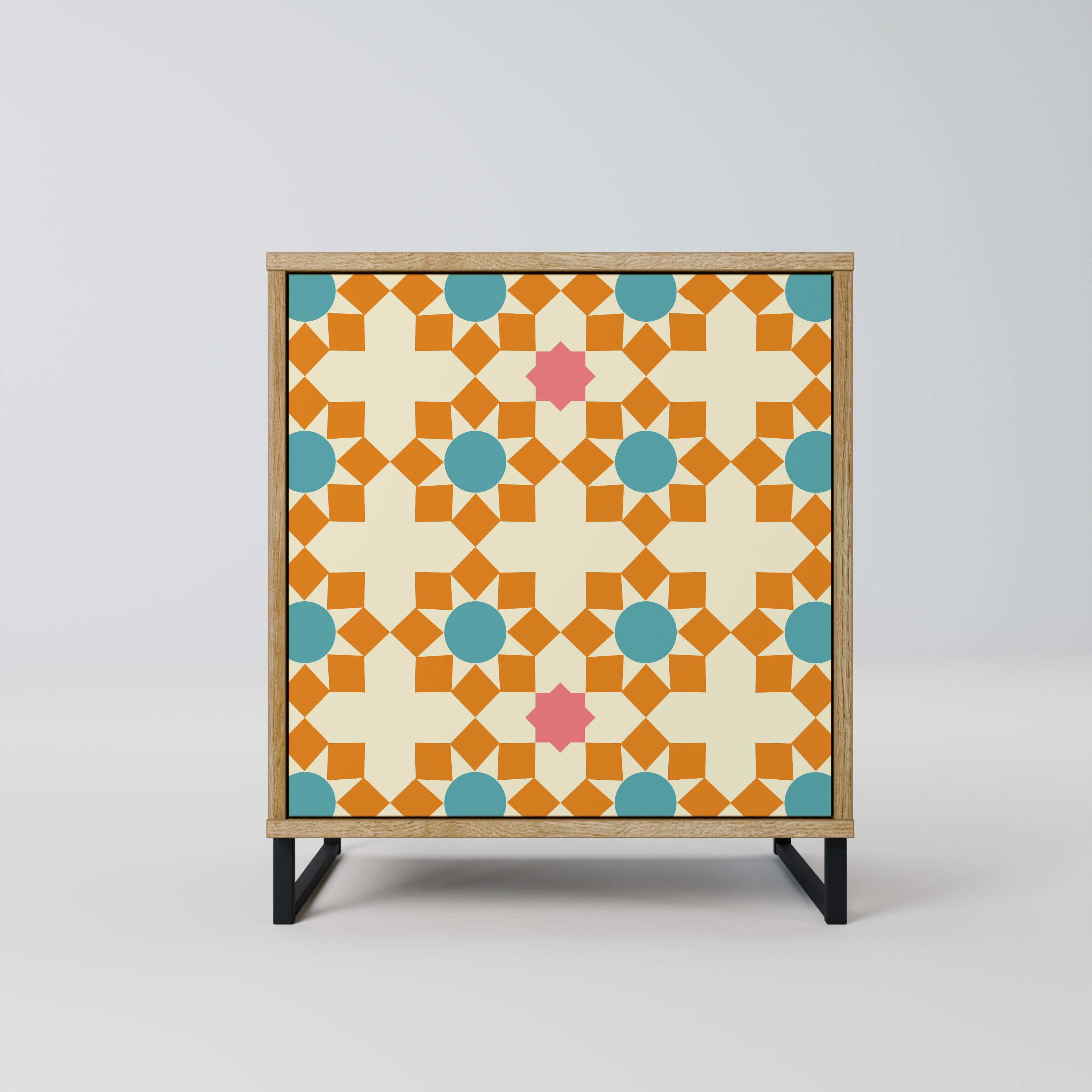 Aparador de 1 puerta con decoración floral y acabado en roble