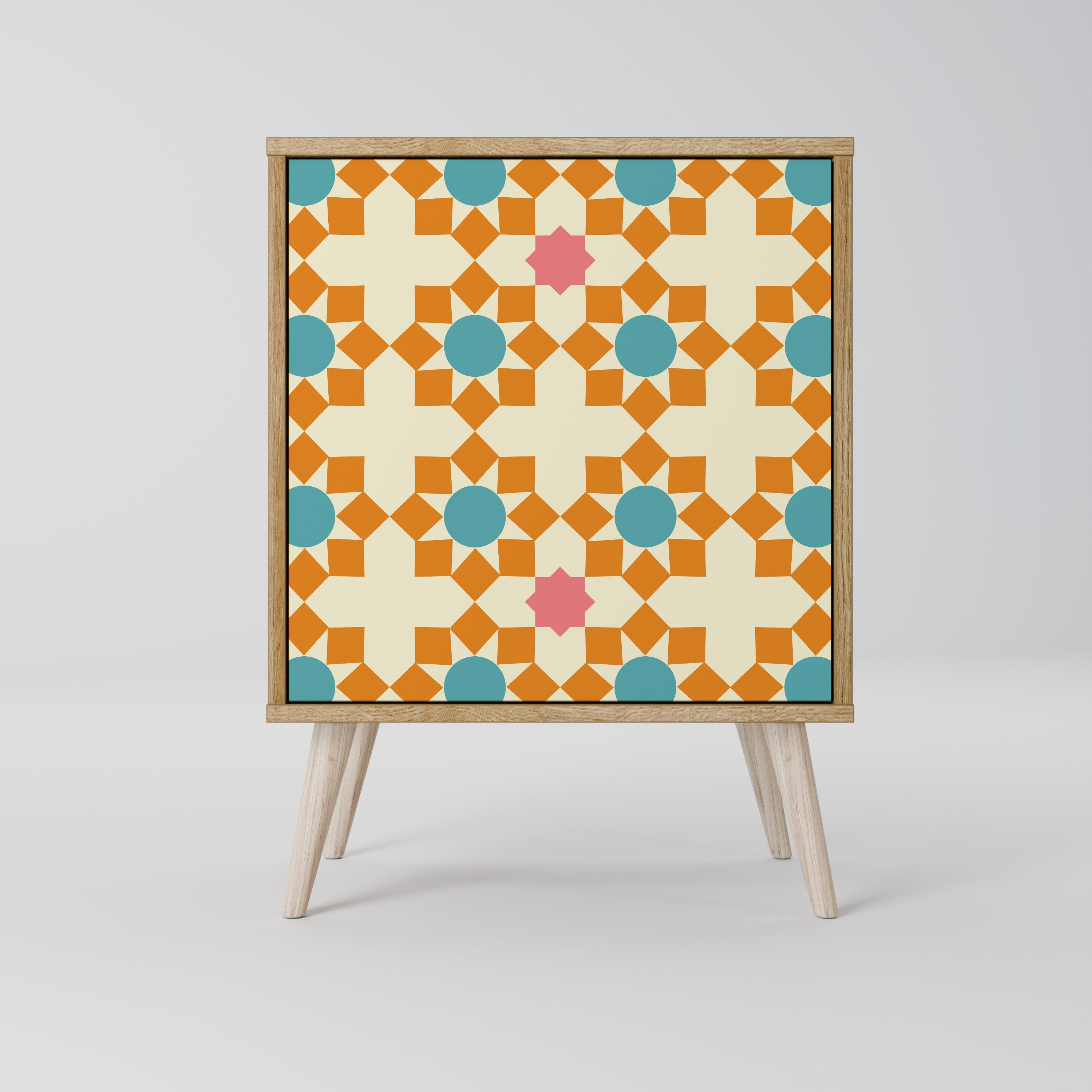 Aparador de 1 puerta con decoración floral y acabado en roble