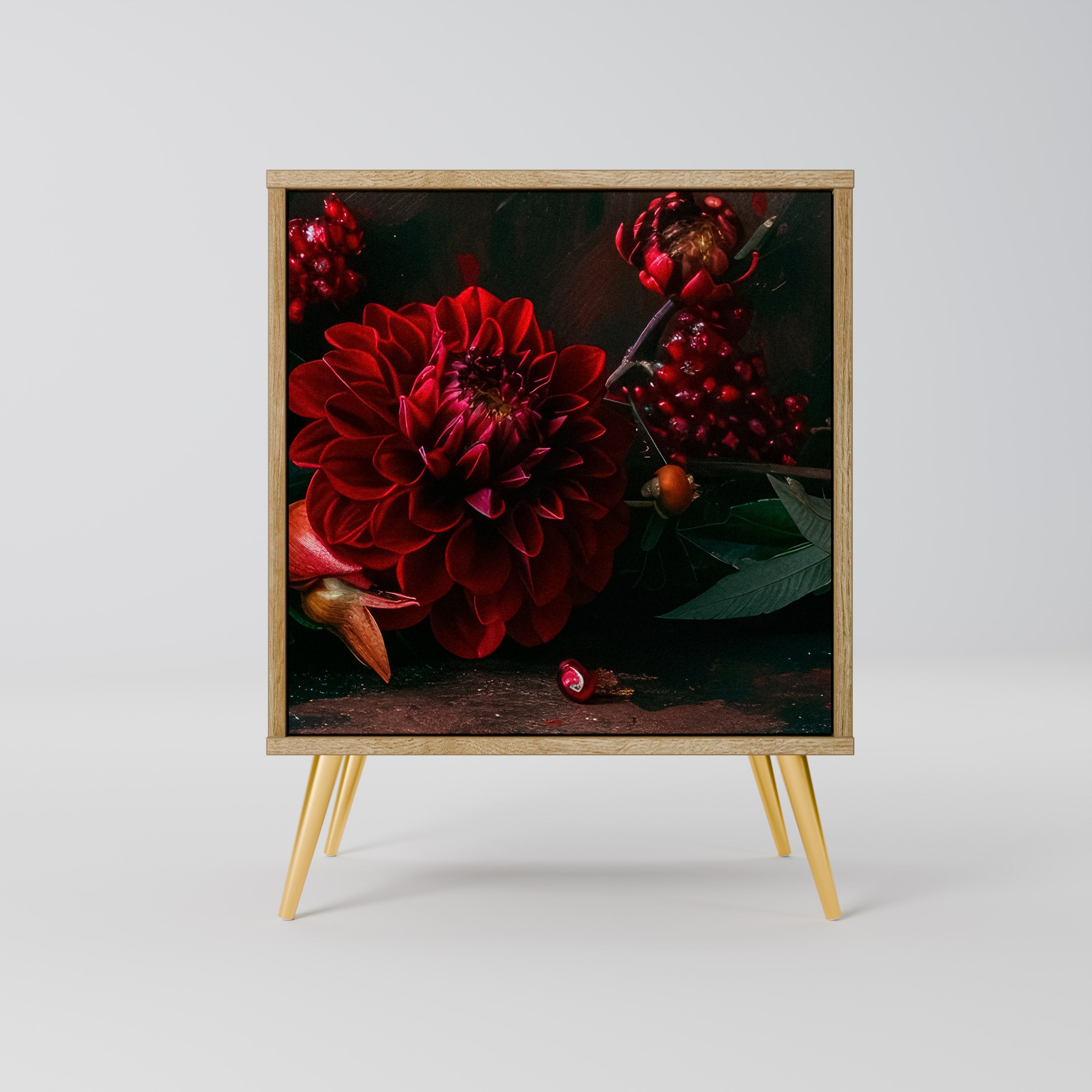 Aparador de 1 puerta DAHLIAS AND POMEGRANATES con acabado en roble