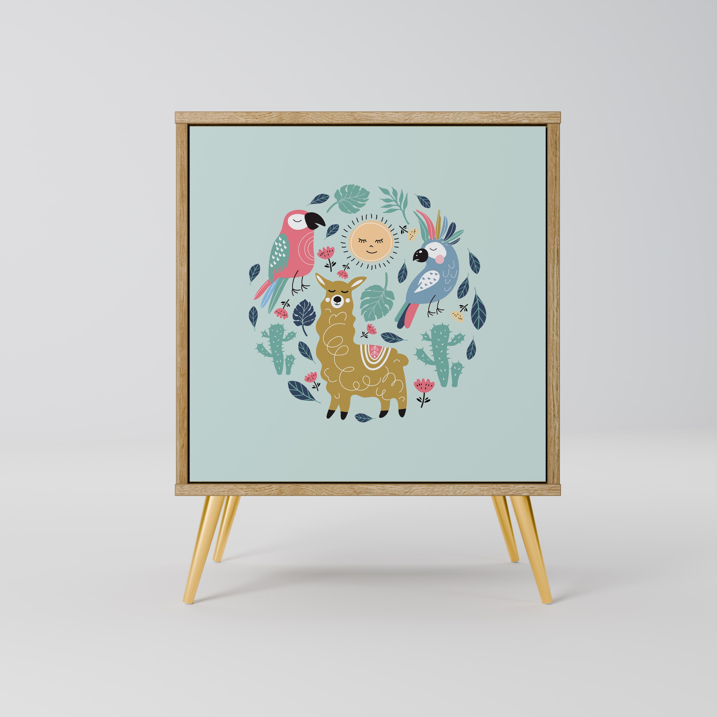 Aparador de una puerta COLORFUL ALPACAS con acabado efecto roble