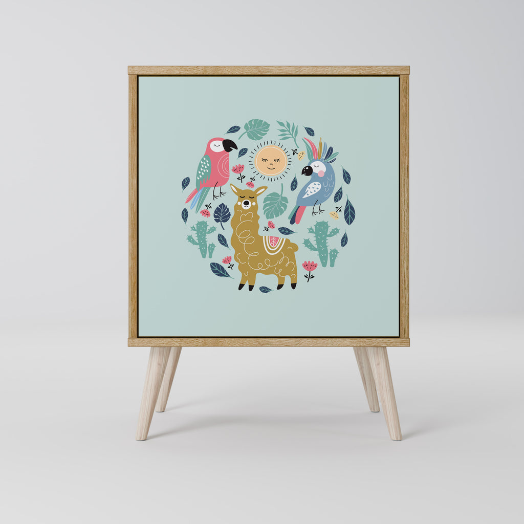 Aparador de una puerta COLORFUL ALPACAS con acabado efecto roble