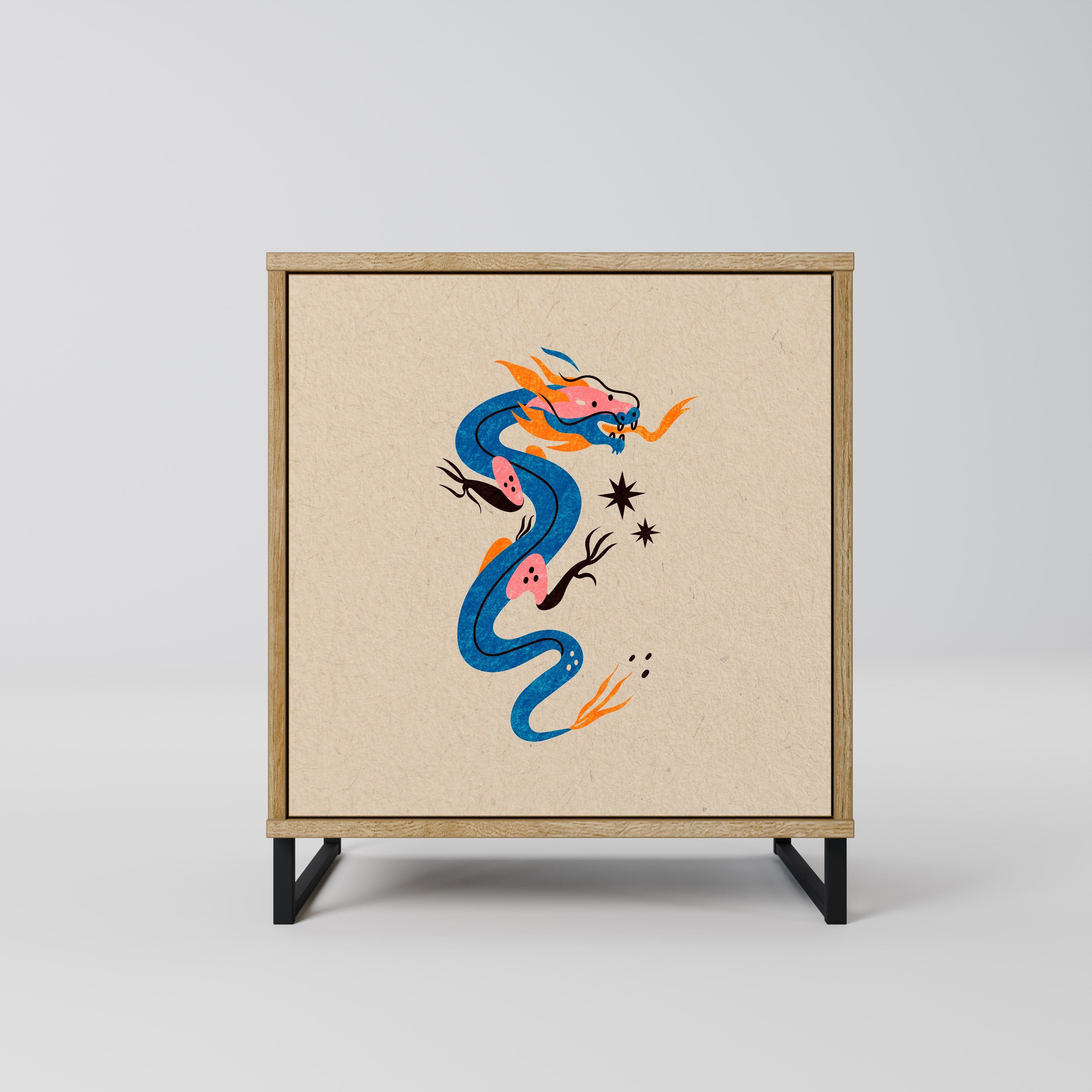 Aparador de 1 puerta CRIATURAS MITOLÓGICAS con acabado efecto roble