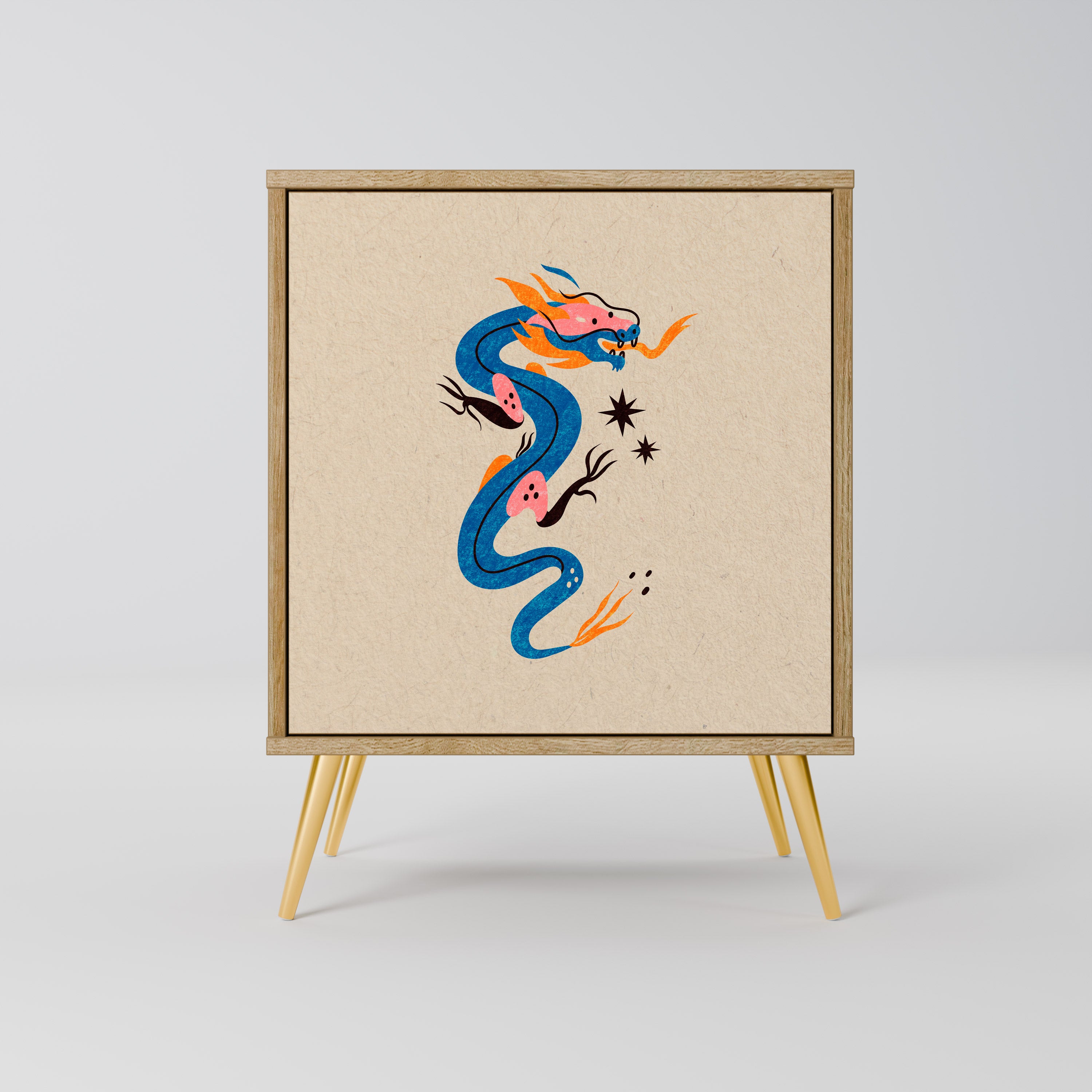 Aparador de 1 puerta CRIATURAS MITOLÓGICAS con acabado efecto roble