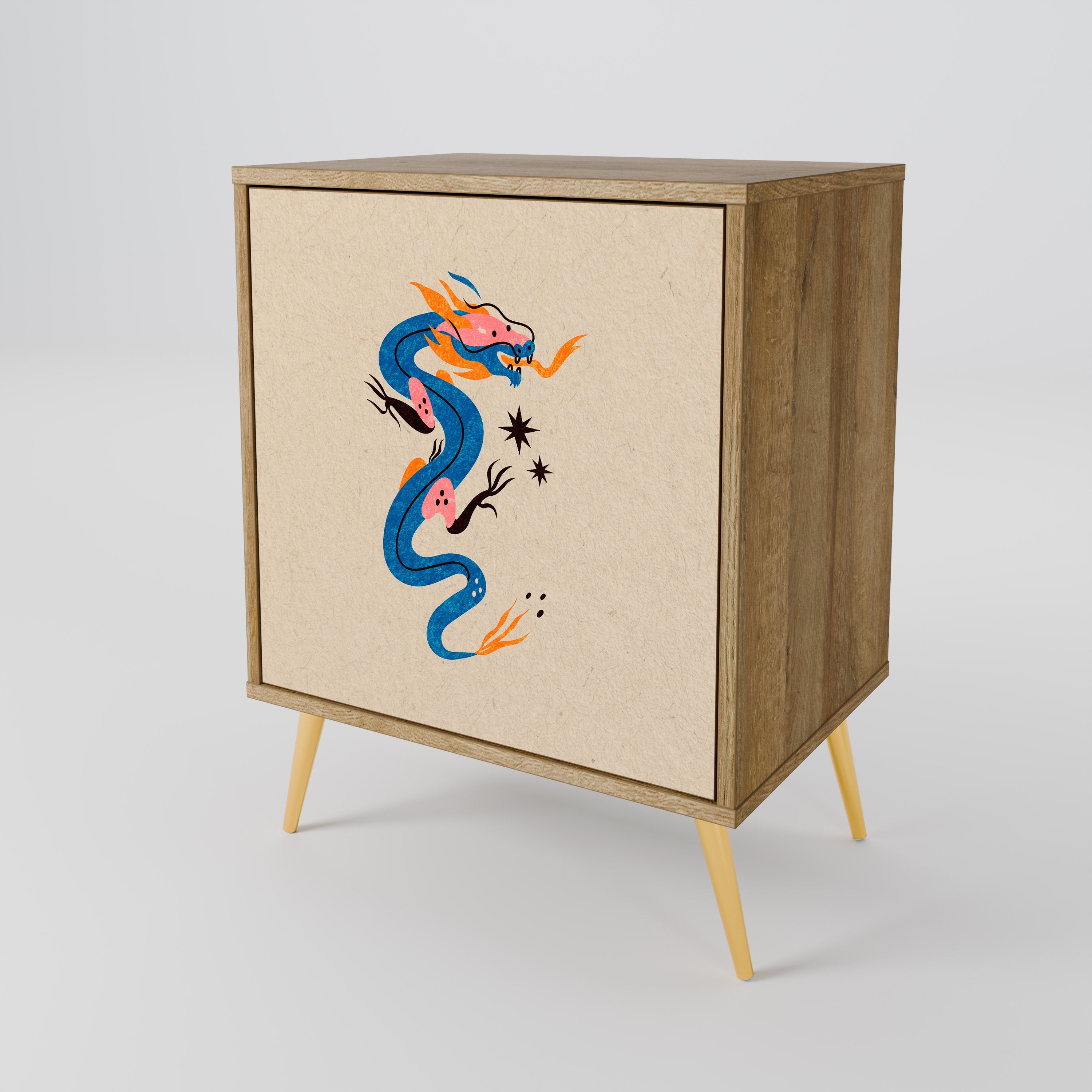 Aparador de 1 puerta CRIATURAS MITOLÓGICAS con acabado efecto roble