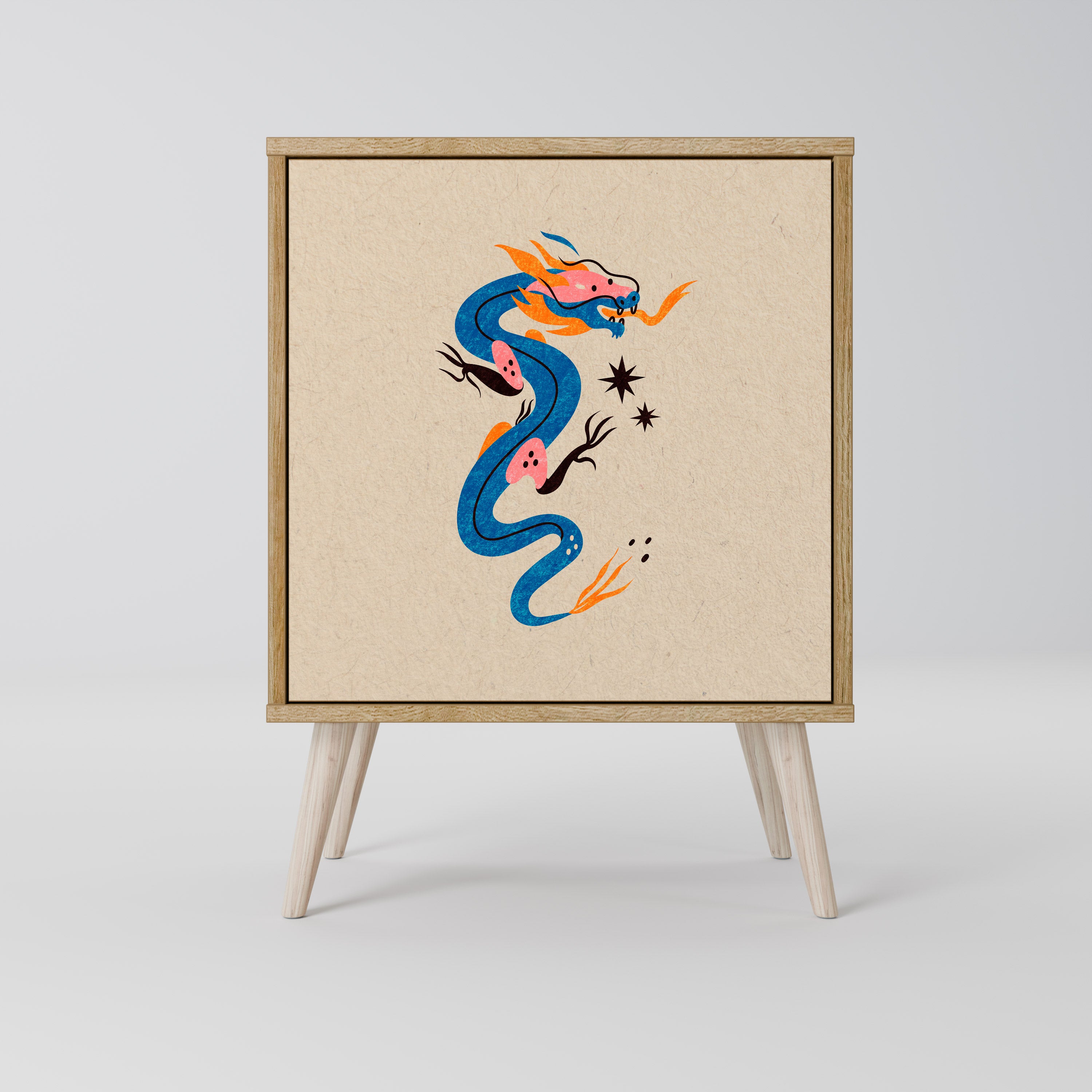 Aparador de 1 puerta CRIATURAS MITOLÓGICAS con acabado efecto roble