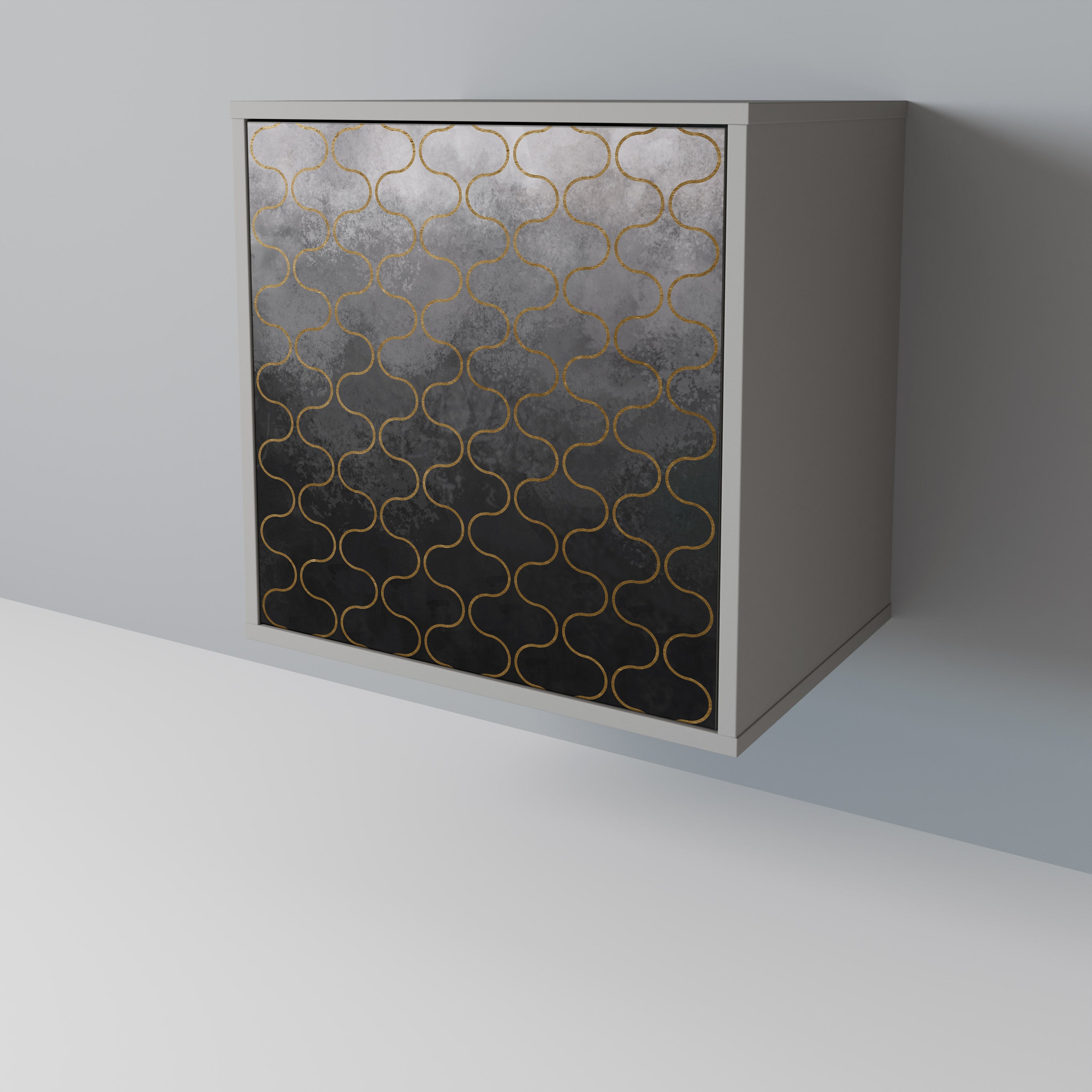 Aparador de una puerta con diseño teselado grisáceo y acabado gris.